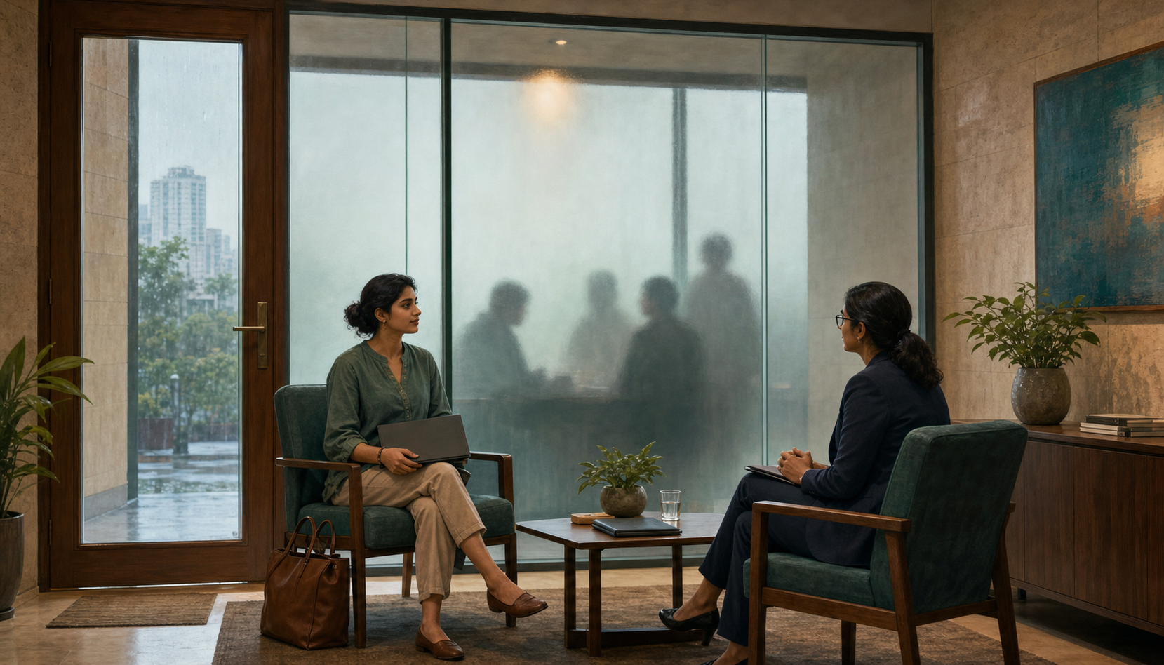 An adult holds a private consultation with an adviser behind a frosted partition while other people wait outside.