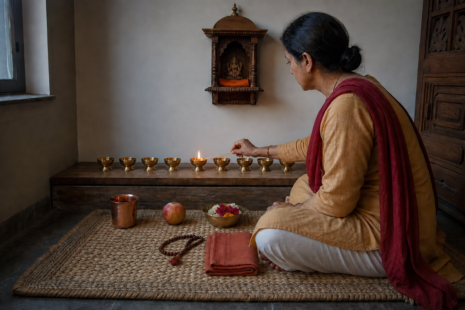 A worshipper lights a brass oil lamp at a simple home altar with water, fruit, flowers, prayer beads, and nine small brass lamp cups.