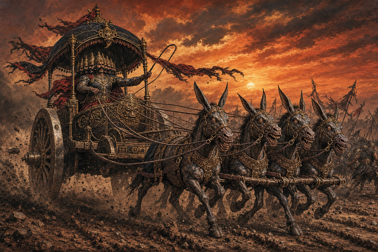Ravana rides a wheeled battlefield chariot pulled by gaunt mule-like beings with grotesque faces amid dust, smoke, and broken standards.