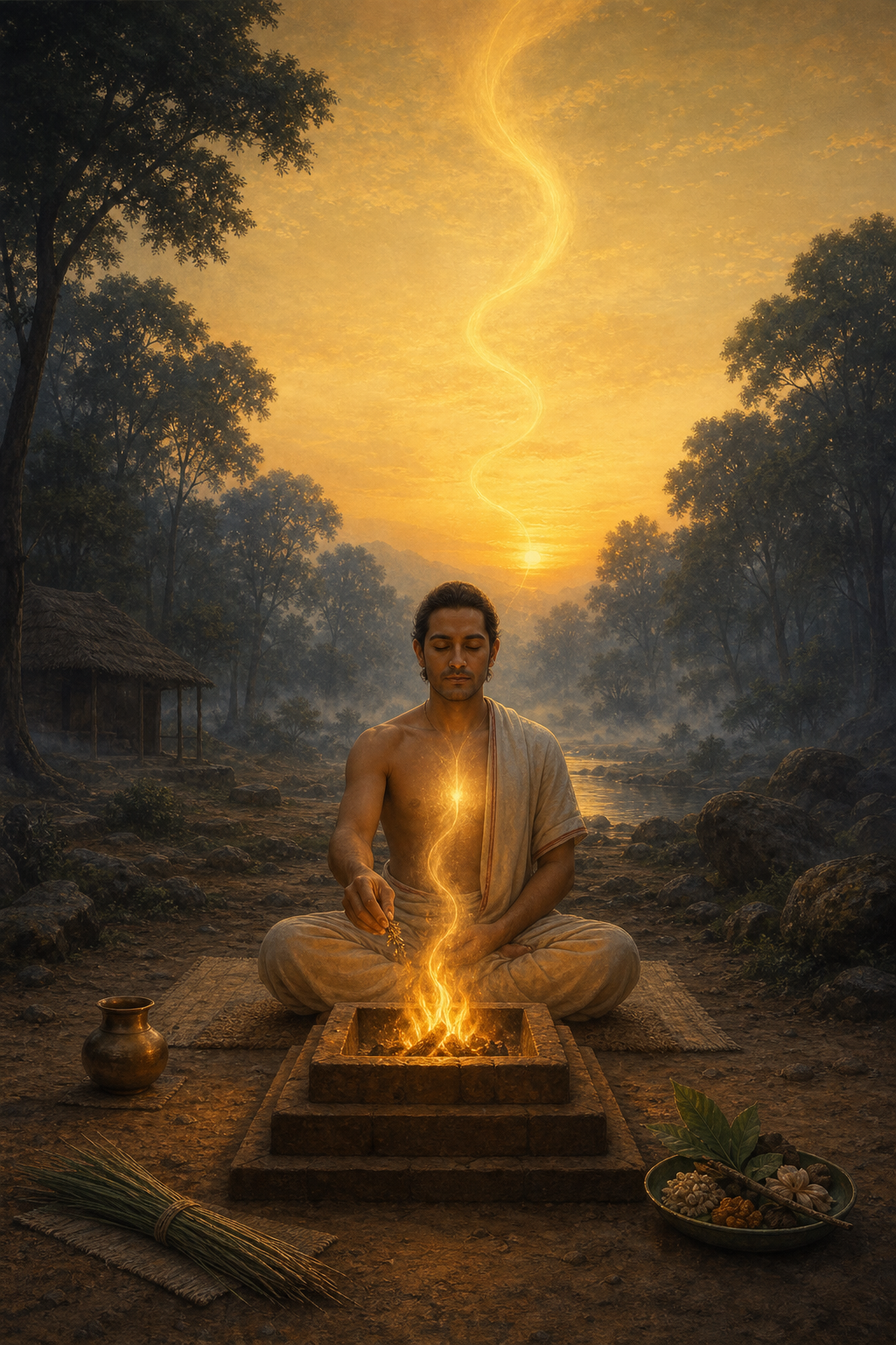 A seated practitioner tends a small fire altar in a forest hermitage as warm light rises toward the dawn sky.