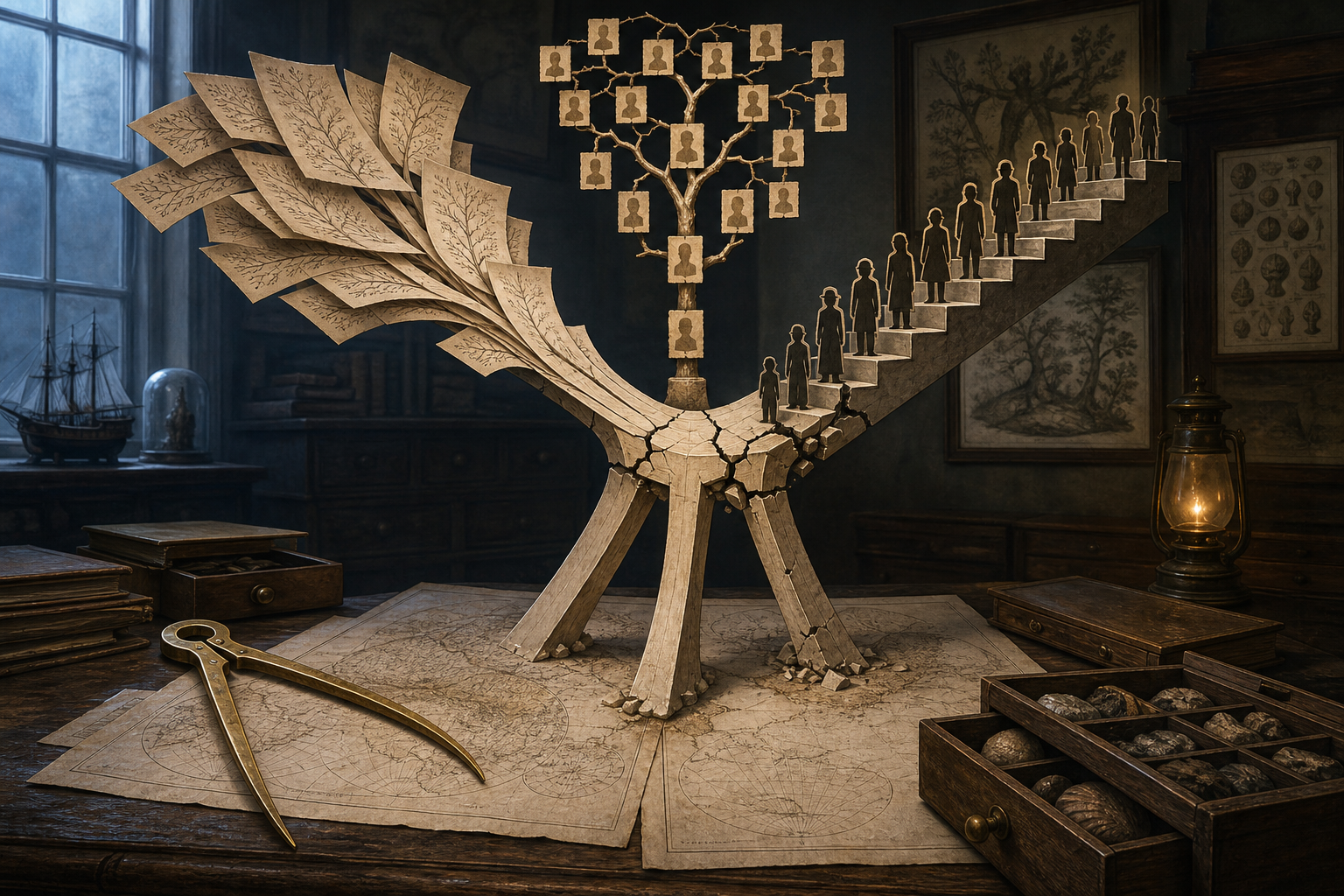 Manuscript leaves, ancestry branches and ranked silhouettes converge into a cracked framework in a nineteenth-century scholarly room.