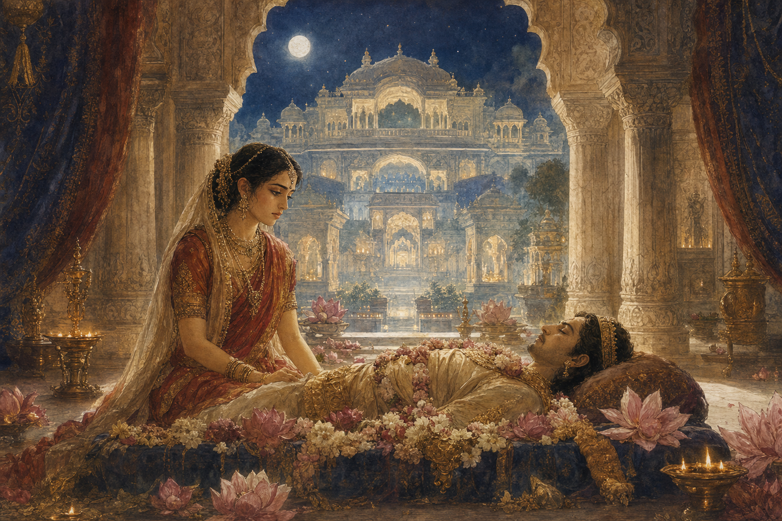 Queen Leela sits beside the flower-covered resting place of King Padma as luminous palace courtyards appear nested in the distance.