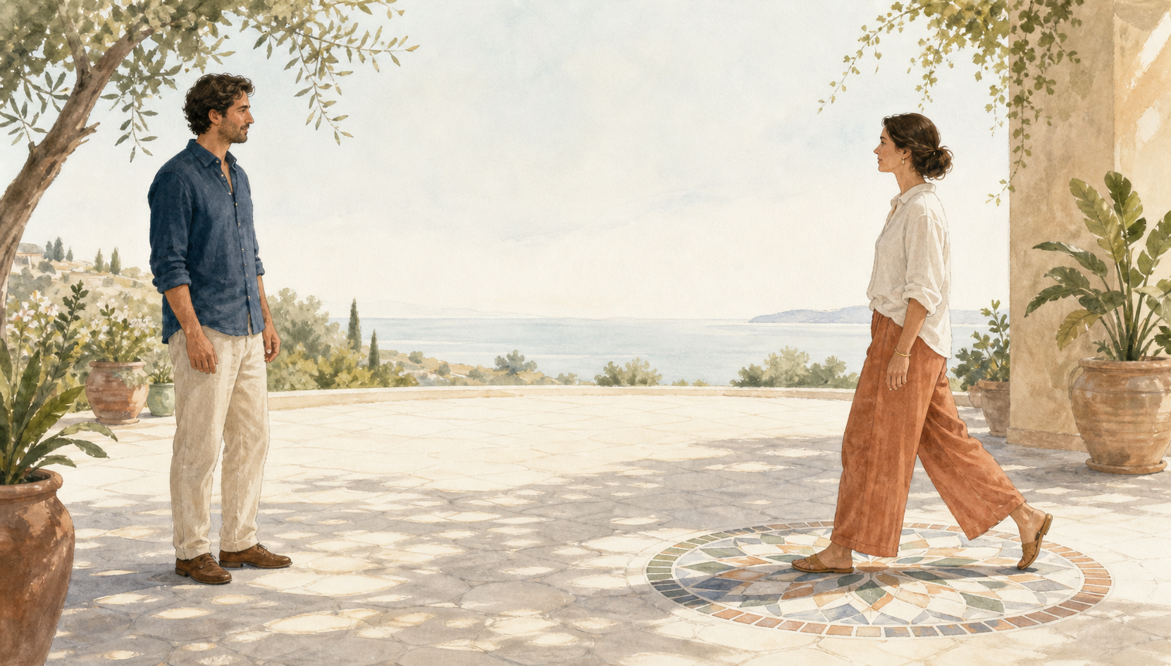 Two people stand on an open veranda while one calmly steps back into their own space without blocking the other person.