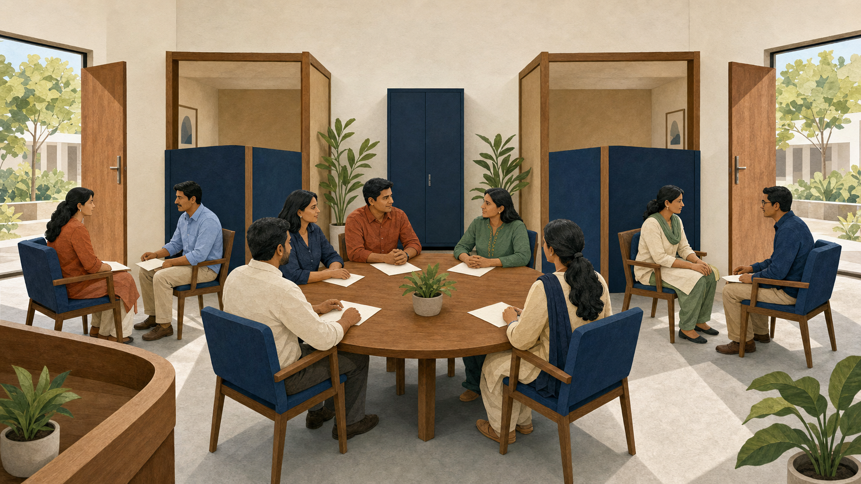 Staff in a community service center use matching private interview spaces and secure storage while assisting two visitors equally.