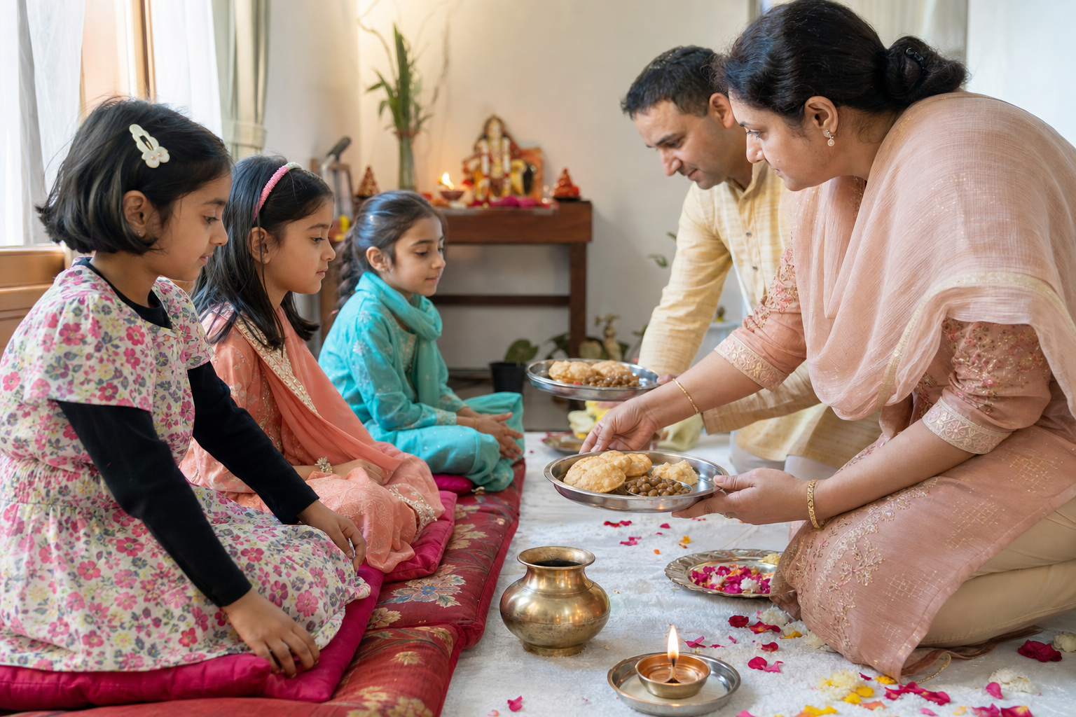 Family members serve puri, chickpeas, and halwa to young girls seated on cushions during a home Kanya Pujan ceremony.