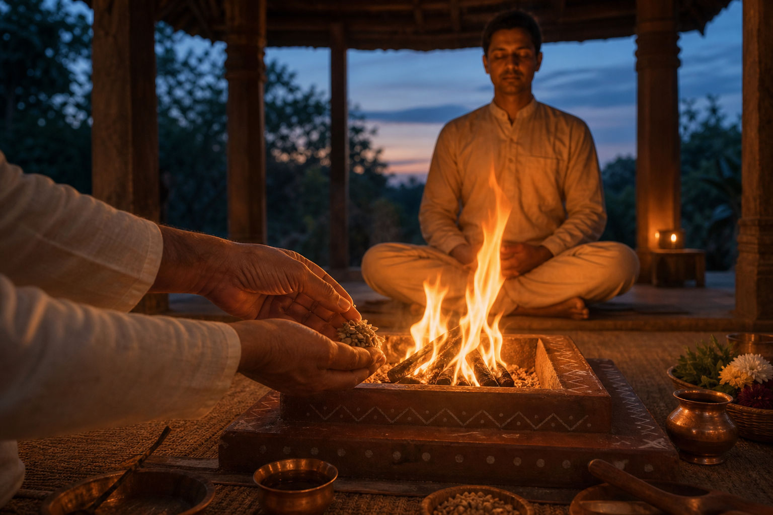 Hands make an offering into a small ritual fire while a practitioner meditates in an open pavilion behind it.
