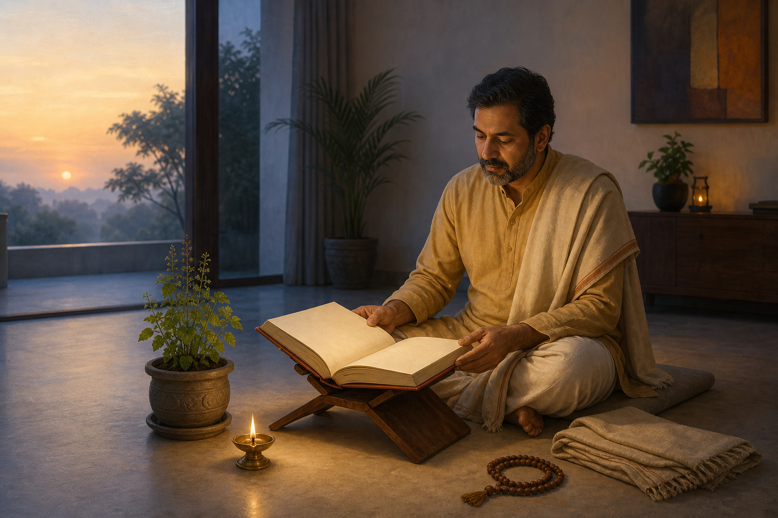 A person reads an open sacred volume on a low stand beside a lamp and tulsi plant in a quiet room at dawn.