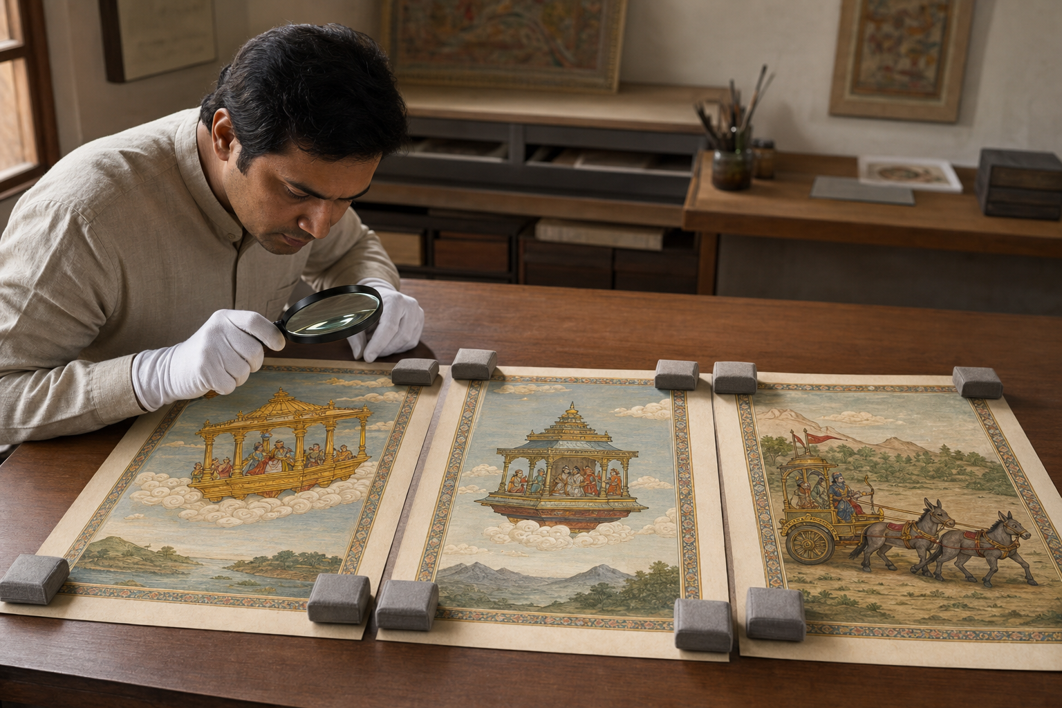 A researcher compares fictional illustrated manuscript folios that depict an animal-free flying pavilion in different forms and a separate mule-drawn ground chariot.