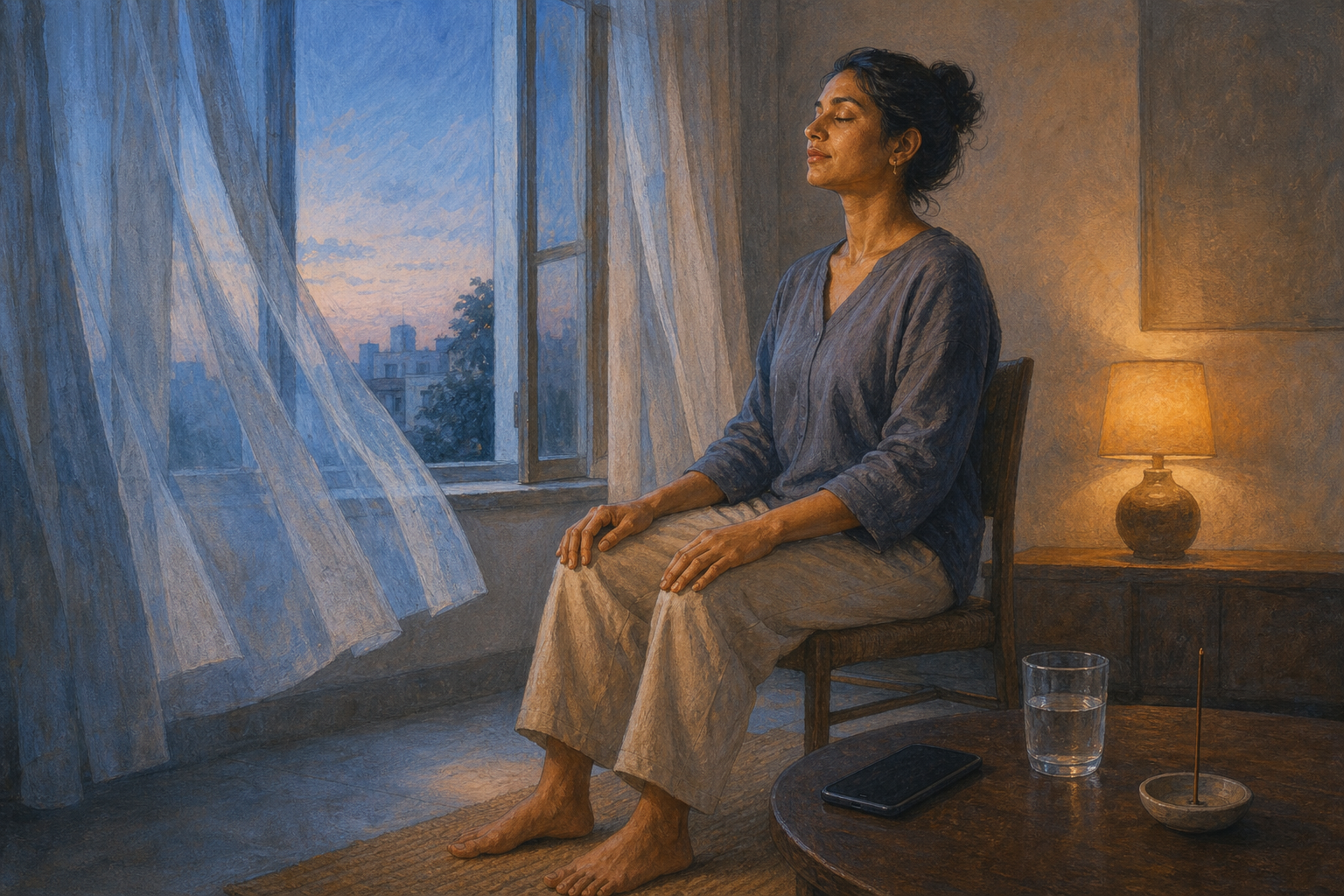 A seated person takes a grounding breath beside an open window before responding to a face-down phone.