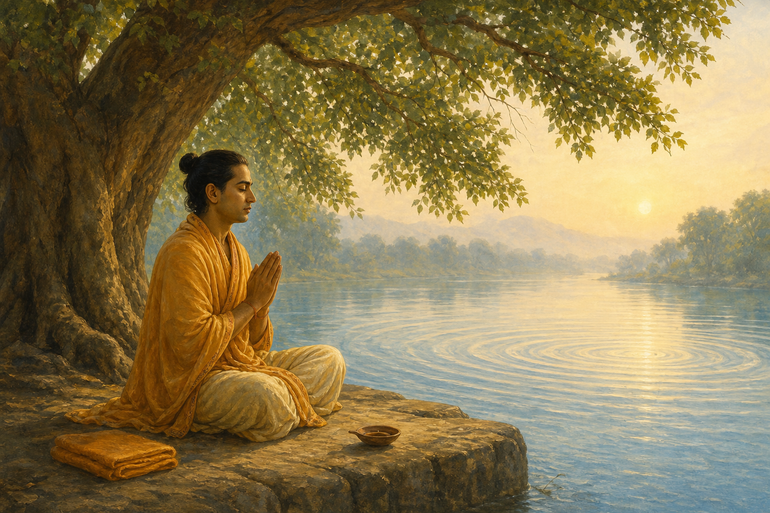 A lone practitioner recites beside a river as gentle ripples spread across the water in the morning light.