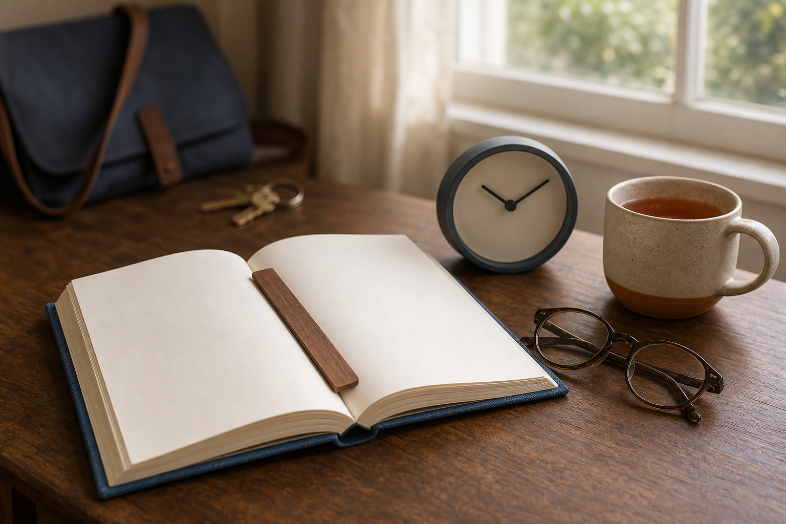 An open book, wooden bookmark, glasses, clock, and cup of tea are arranged for a short morning reading session.