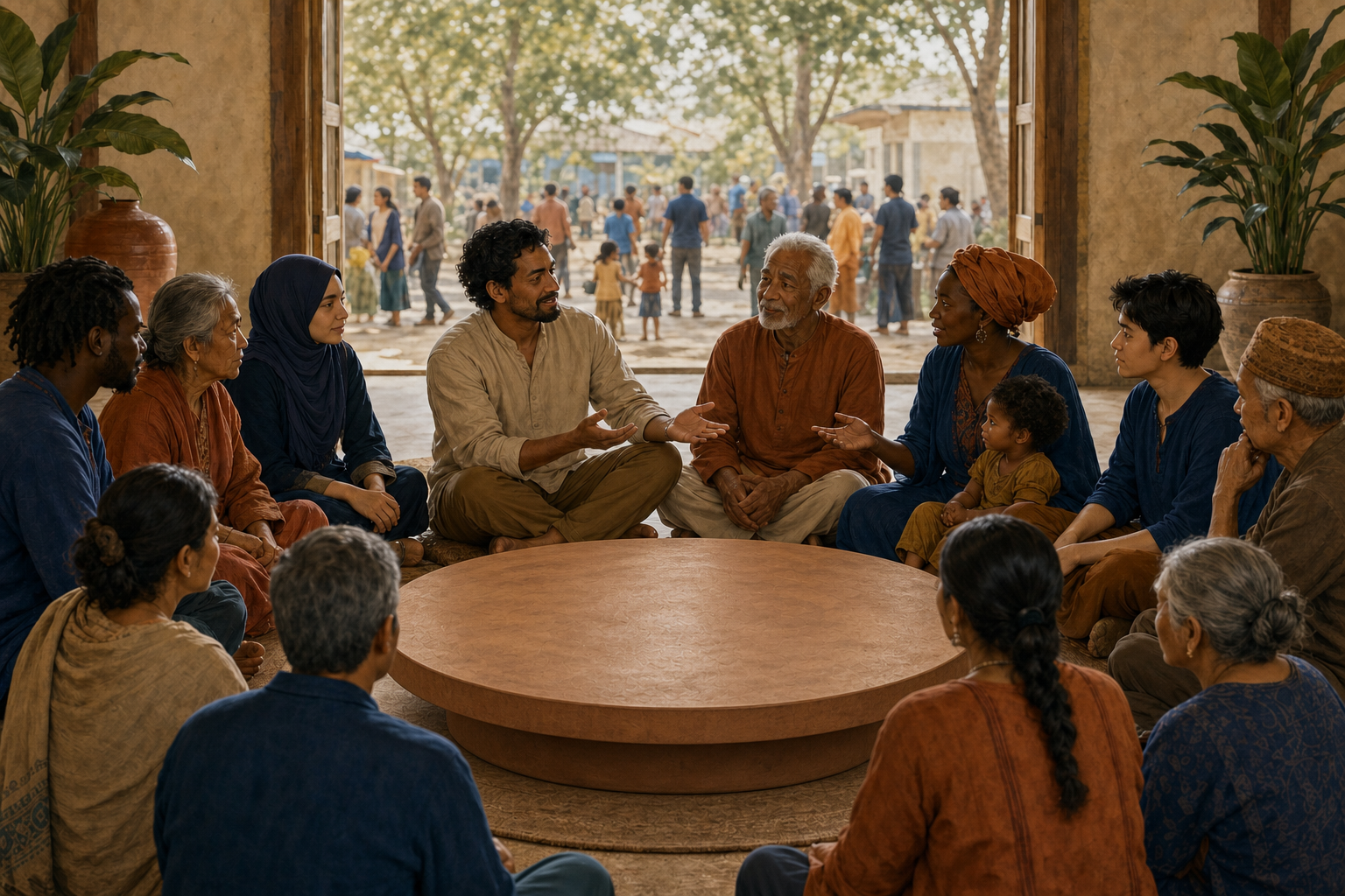 A facilitator listens within a circle of community members seated at the same level in an open hall.