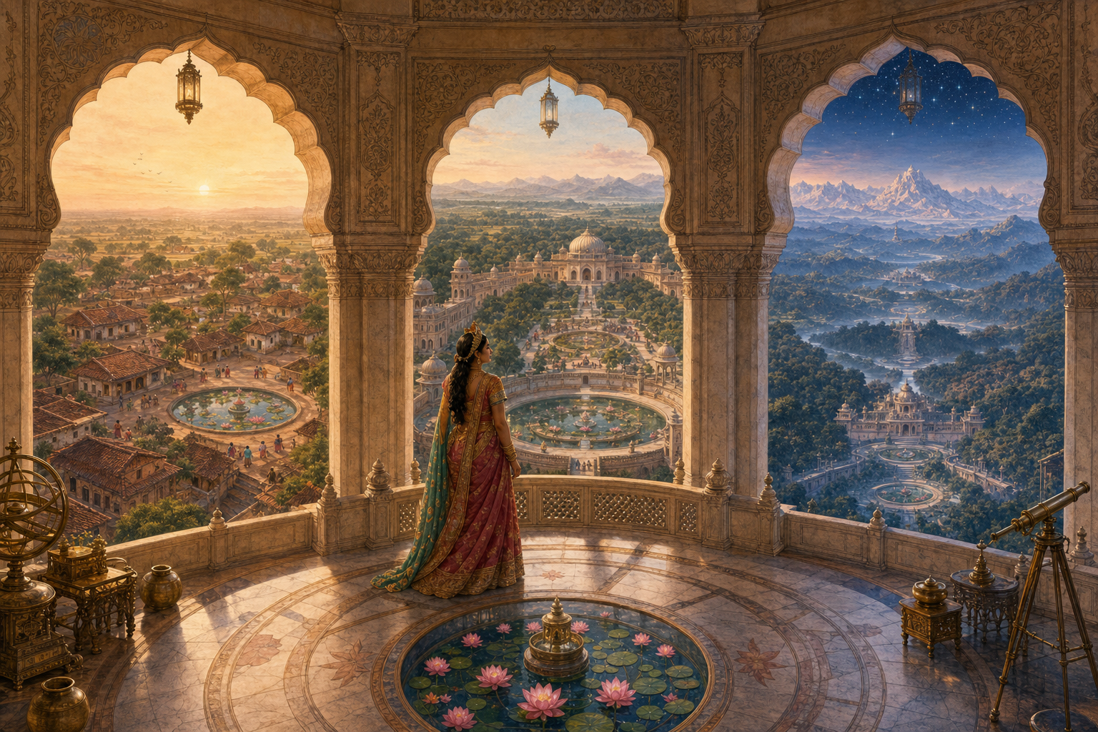 Leela stands among three palace archways that reveal the same village, landscape, and palace at different scales within nested worlds.