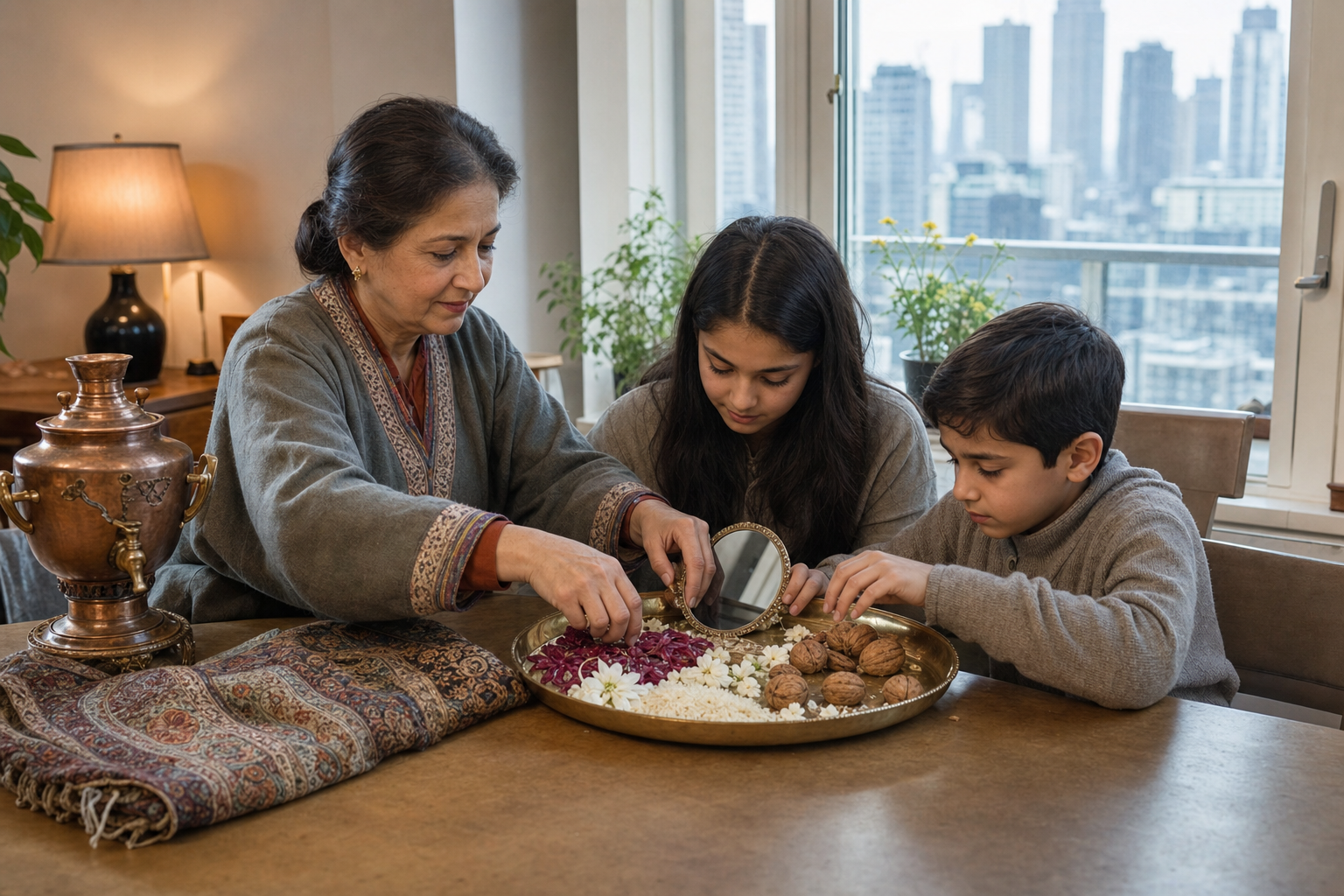 An older Kashmiri Pandit woman helps two younger family members arrange walnuts, flowers, rice, and a mirror on a brass thaal in a modern apartment.