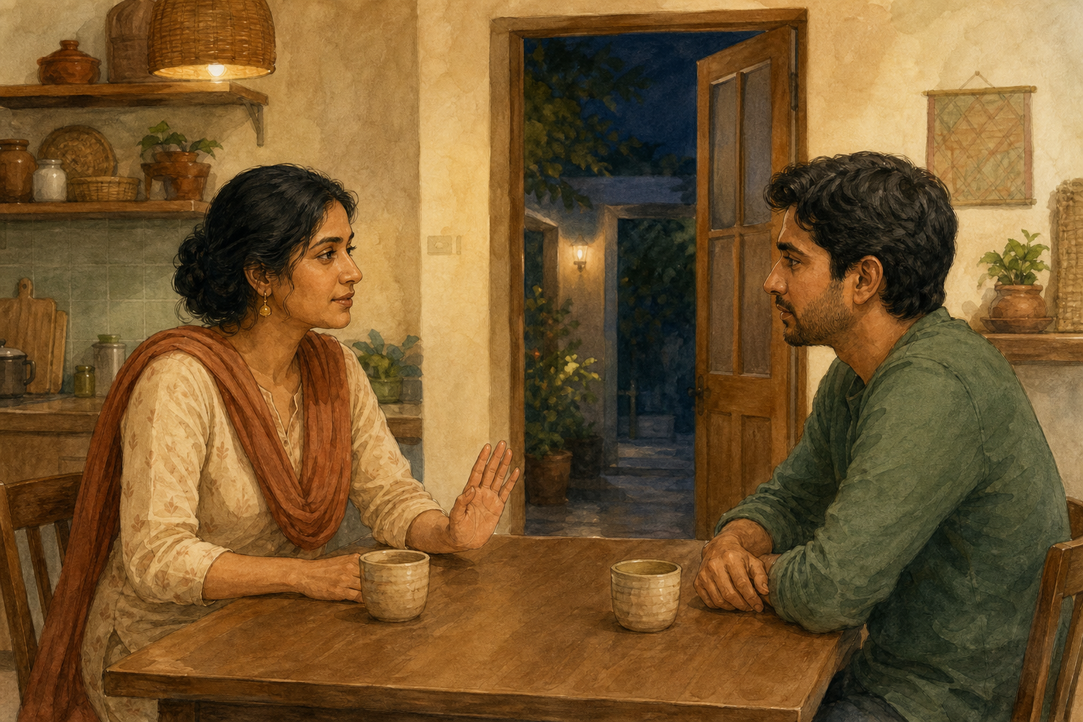 Two people have a calm conversation at a kitchen table while one speaks with an open hand gesture.