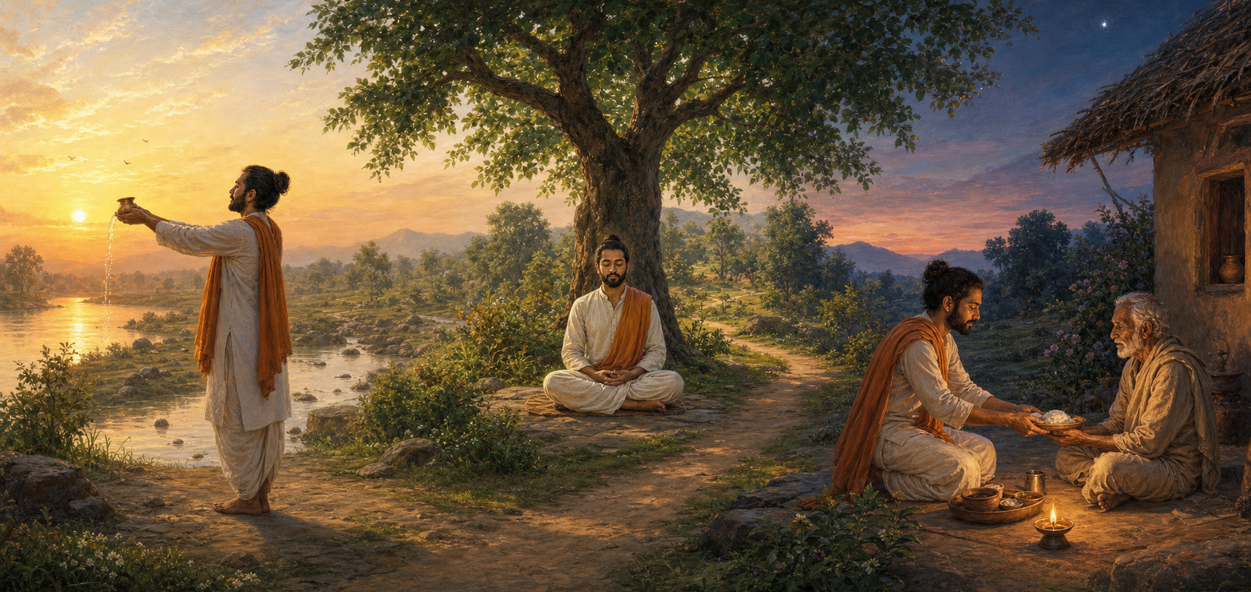 One continuous landscape shows a practitioner offering water at sunrise, meditating at midday, and serving a meal in the evening.