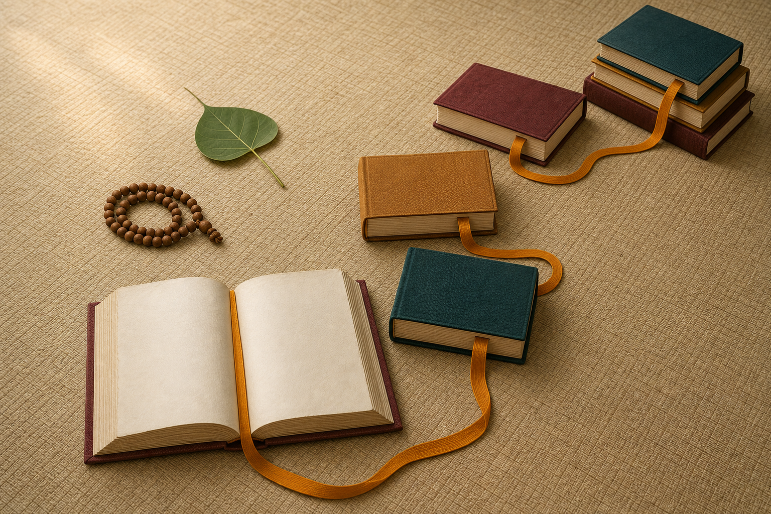 A ribbon bookmark forms a continuous path through a sequence of unmarked sacred volumes arranged on a floor mat.