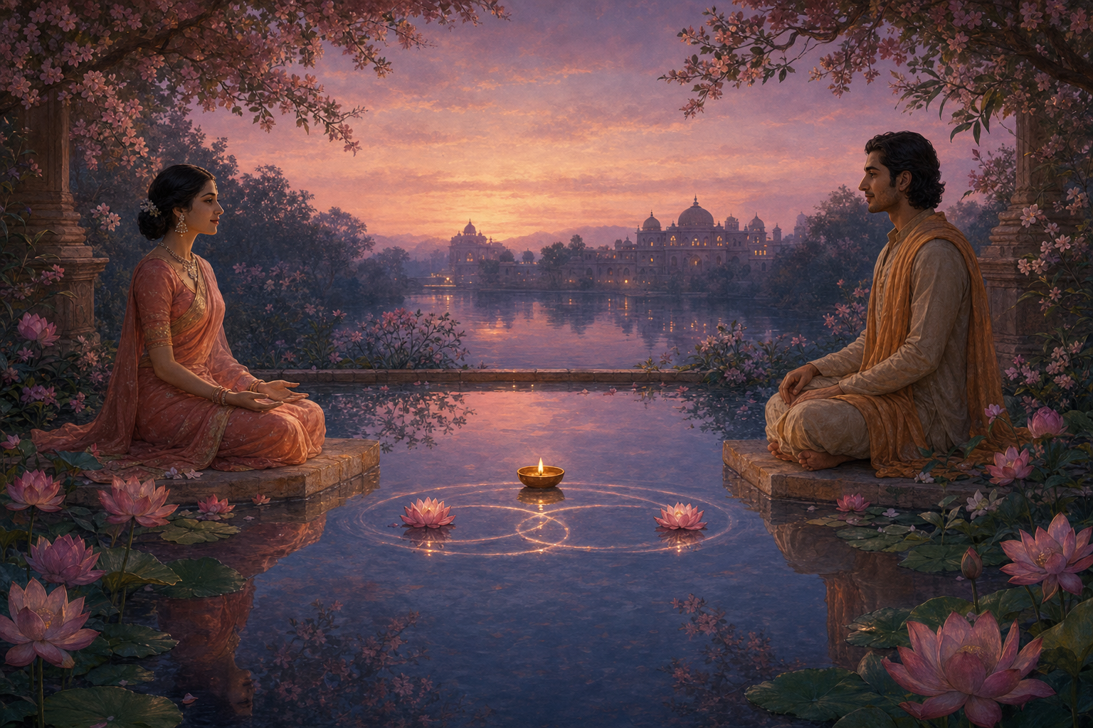 Leela and Padma sit calmly across a lotus pool with open hands as their reflections meet in the water.