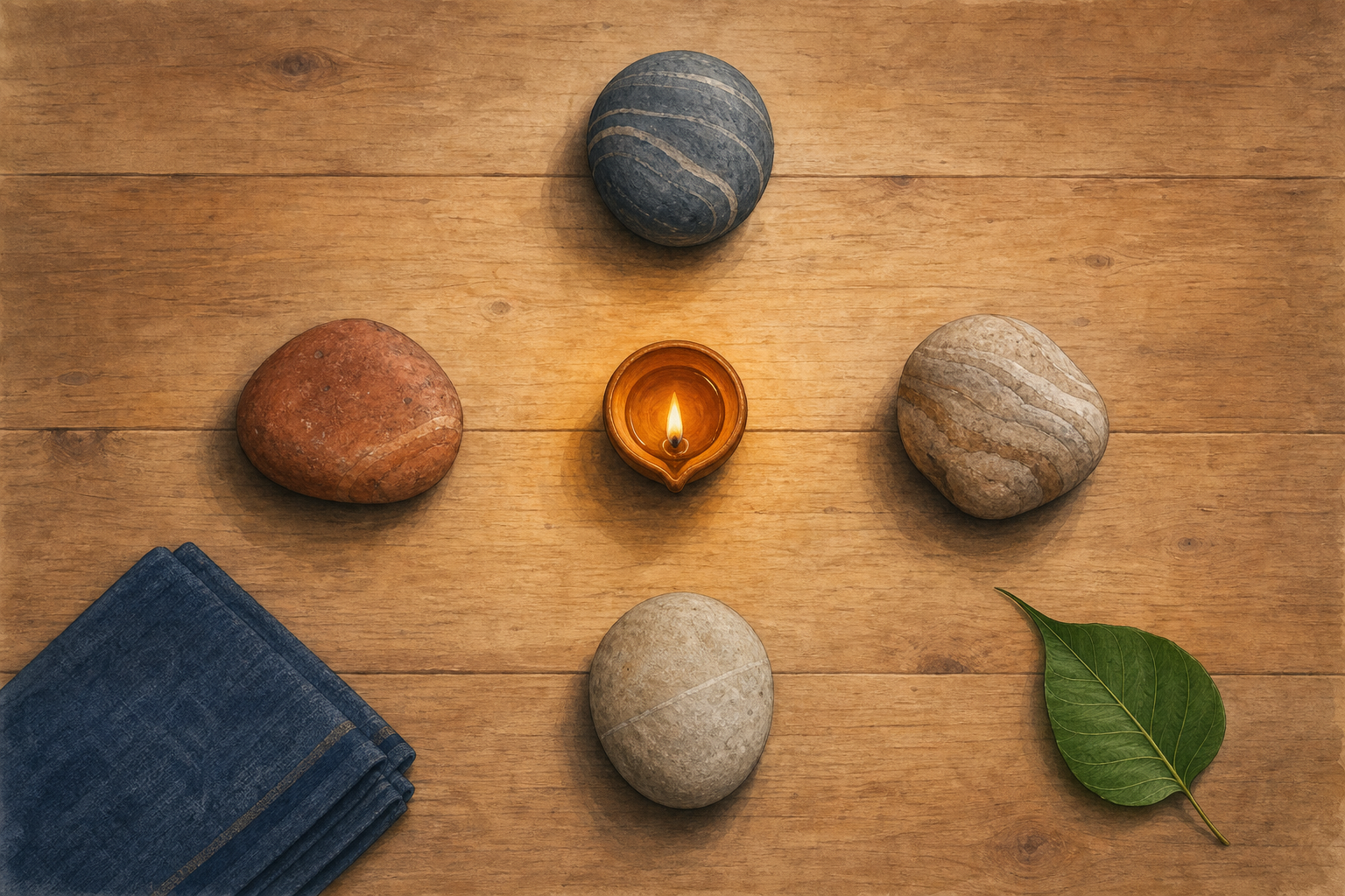 Four smooth river stones are arranged evenly around a small glowing oil lamp on a wooden floor.