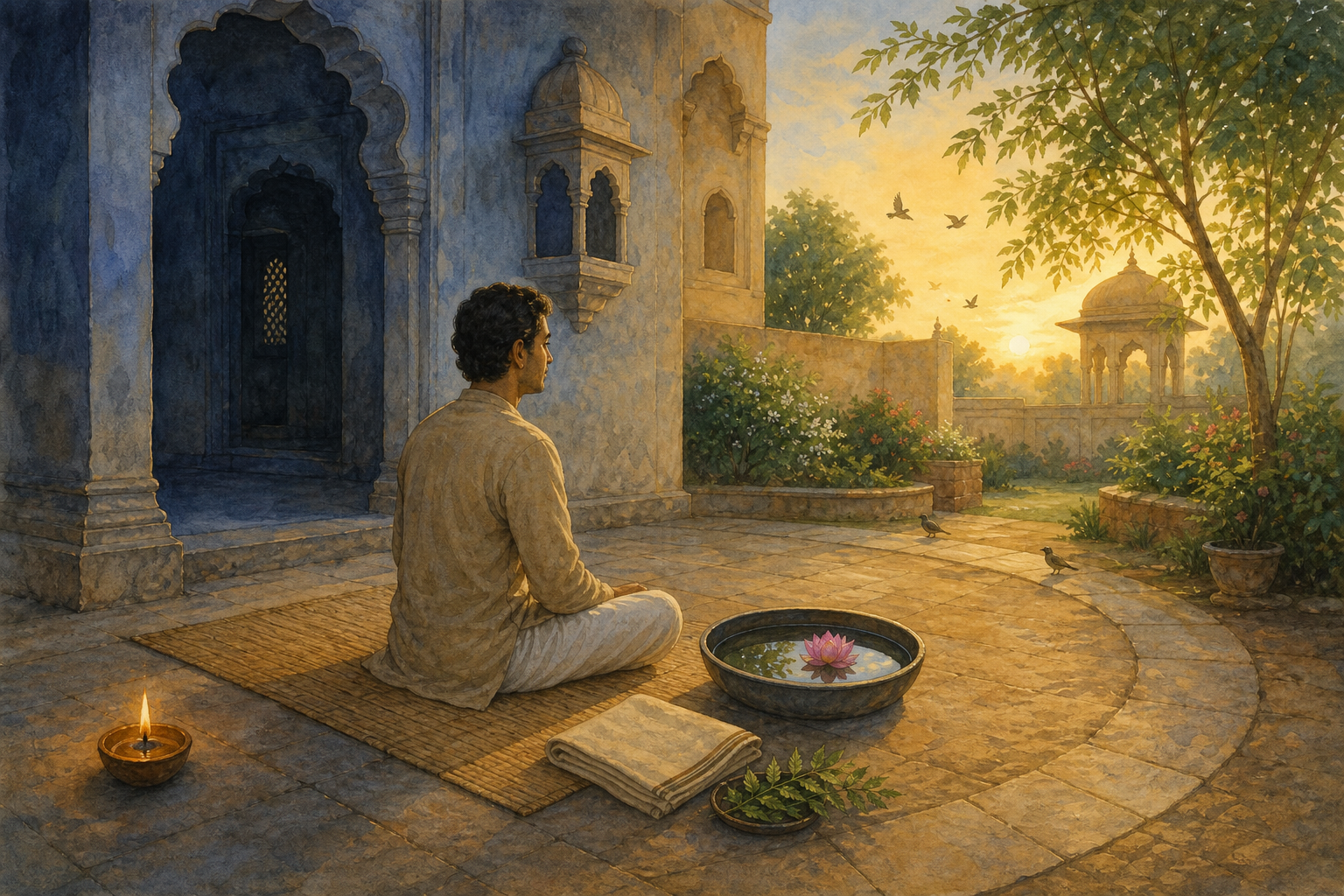 A practitioner meditates in a dawn courtyard beside a bowl of water and a lotus, with a circular path leading from a shaded doorway to a sunlit garden.