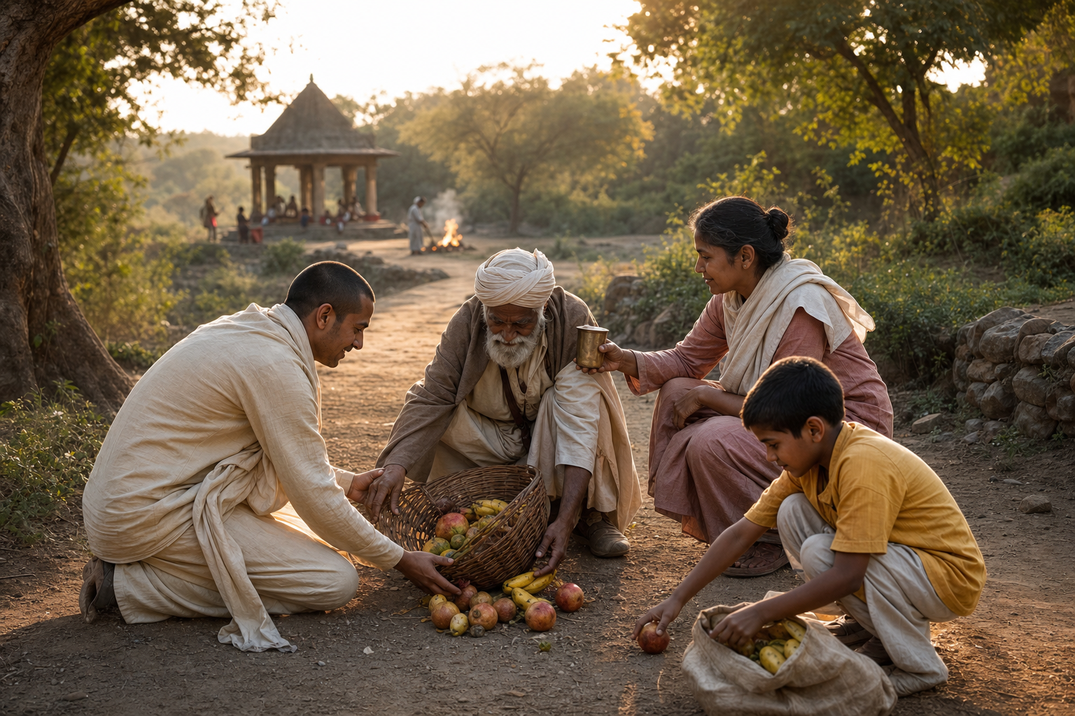 Several people help an older traveler gather fallen fruit and offer water on a sunlit village path.