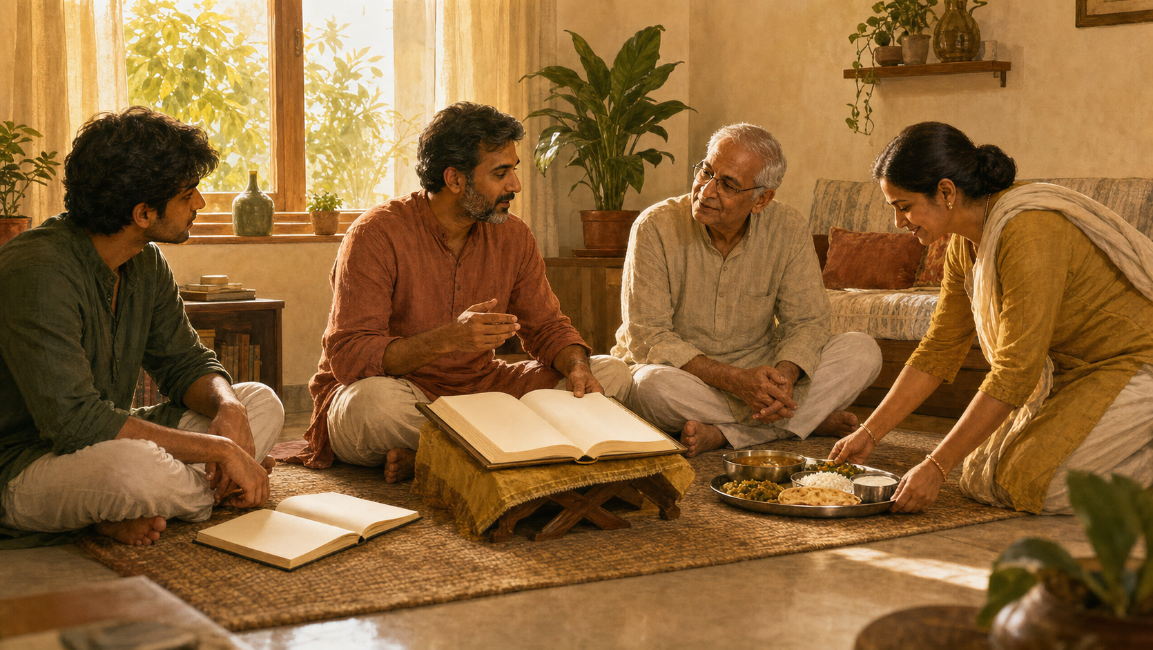 Family members listen to a sacred reading, reflect in a notebook, and serve a simple meal in a home.