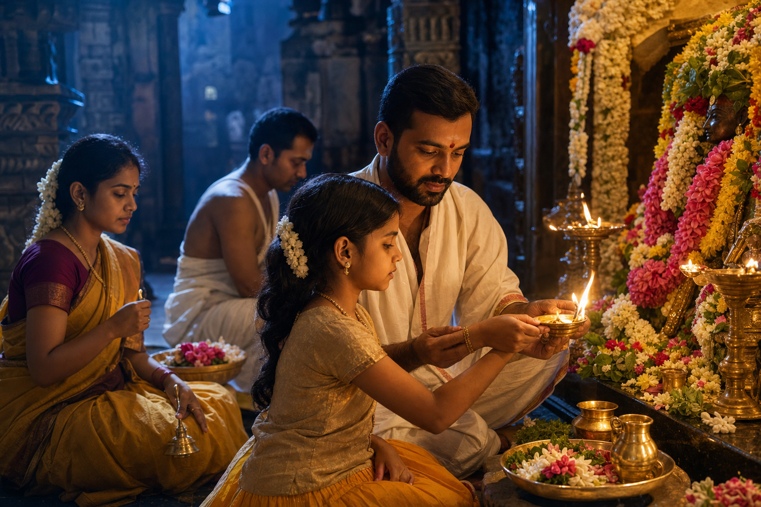 A young devotee learns to offer an oil lamp while others arrange flowers and ritual vessels in a softly lit temple.