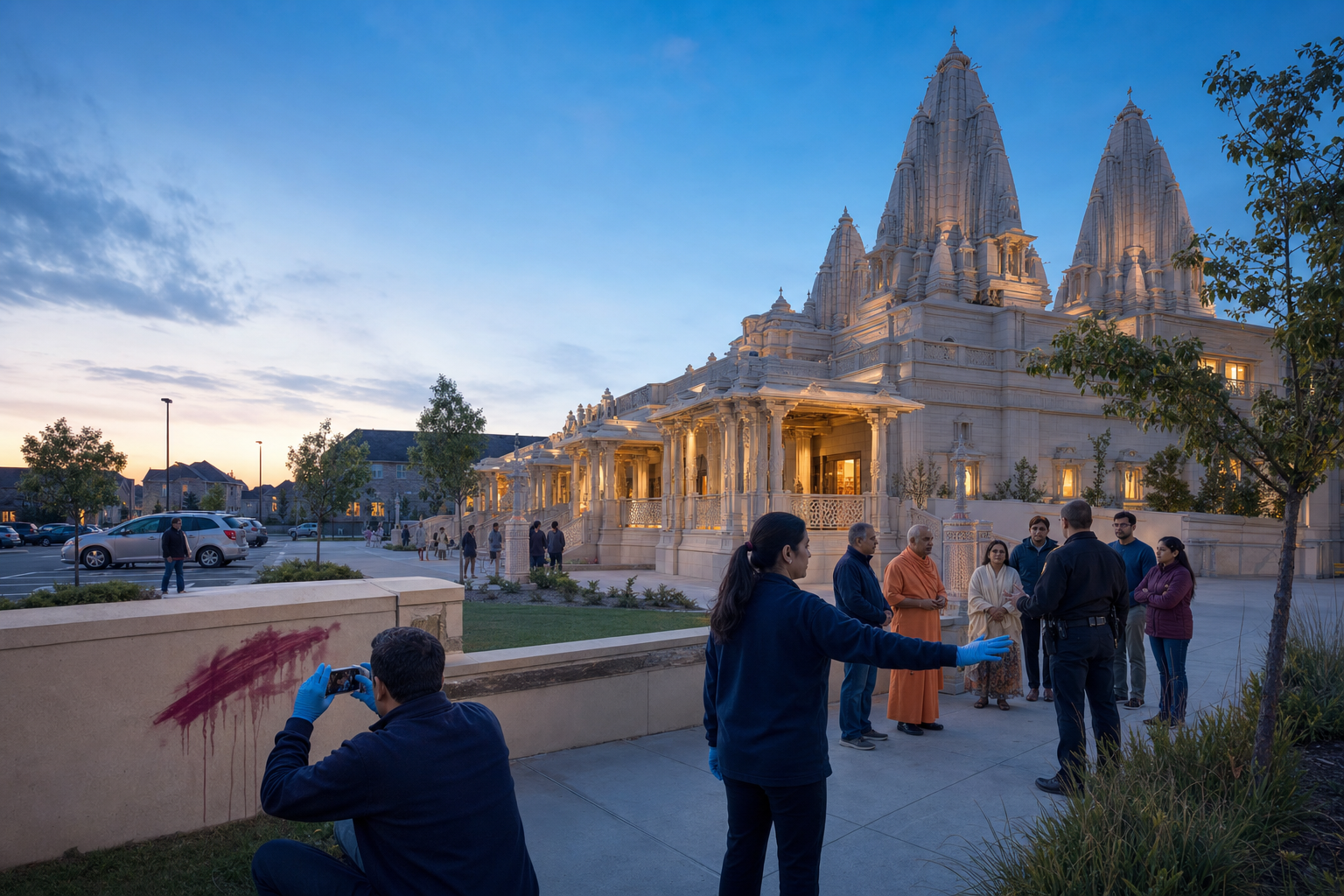 Temple volunteers, worshippers, neighbors, and a public-safety officer gather outside a Hindu mandir while paint damage on a perimeter wall is photographed.