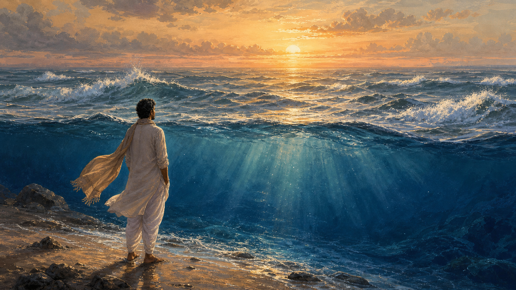 A person stands steadily at the edge of a wind-swept ocean whose active waves give way to deep blue water below.