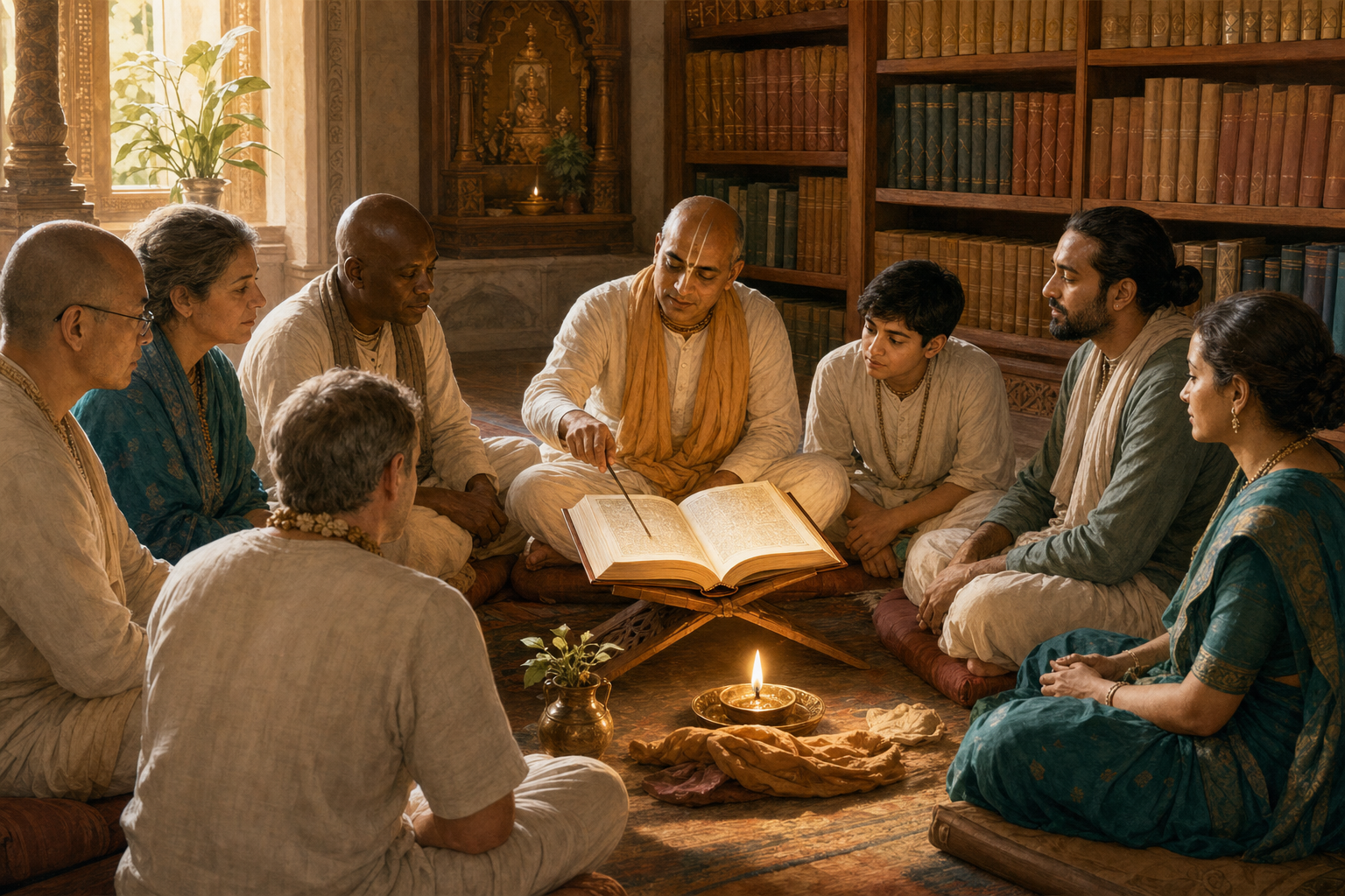 Devotees and a teacher sit in a temple study hall around an open sacred book illuminated by a small lamp.