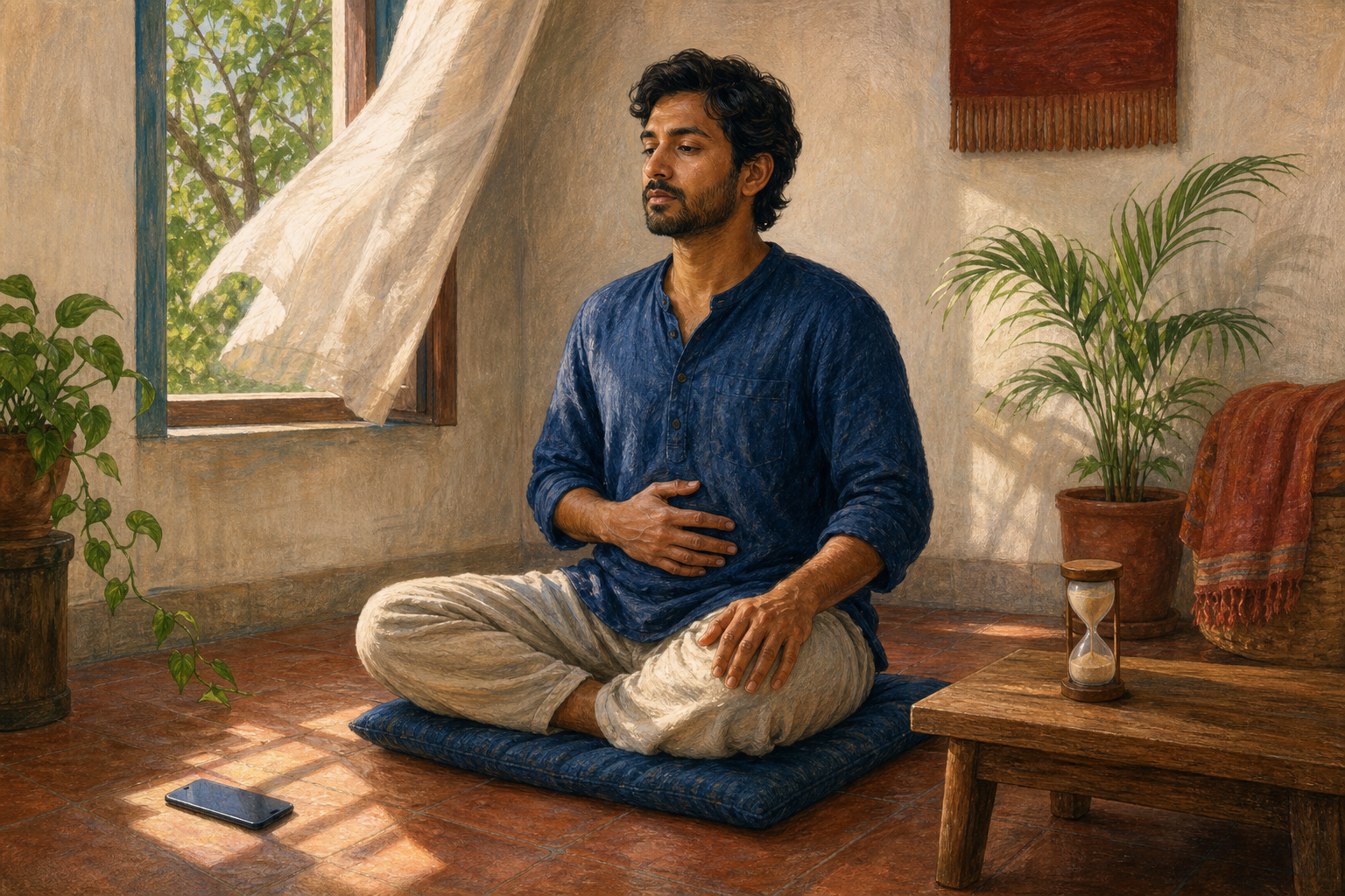 A seated person breathes beside an open window while a face-down phone and a small sand timer rest nearby.