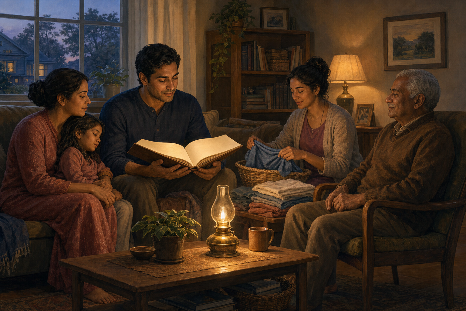 A multigenerational family shares an evening sacred reading while ordinary household tasks continue nearby.