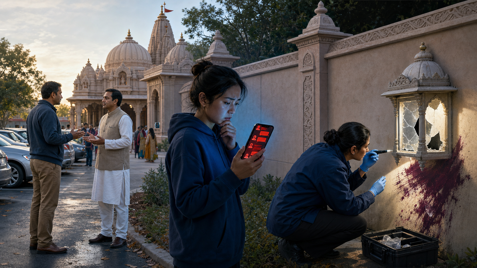 Three connected scenes show a parking discussion, a volunteer viewing hostile online activity, and a responder examining damage outside a Hindu temple.