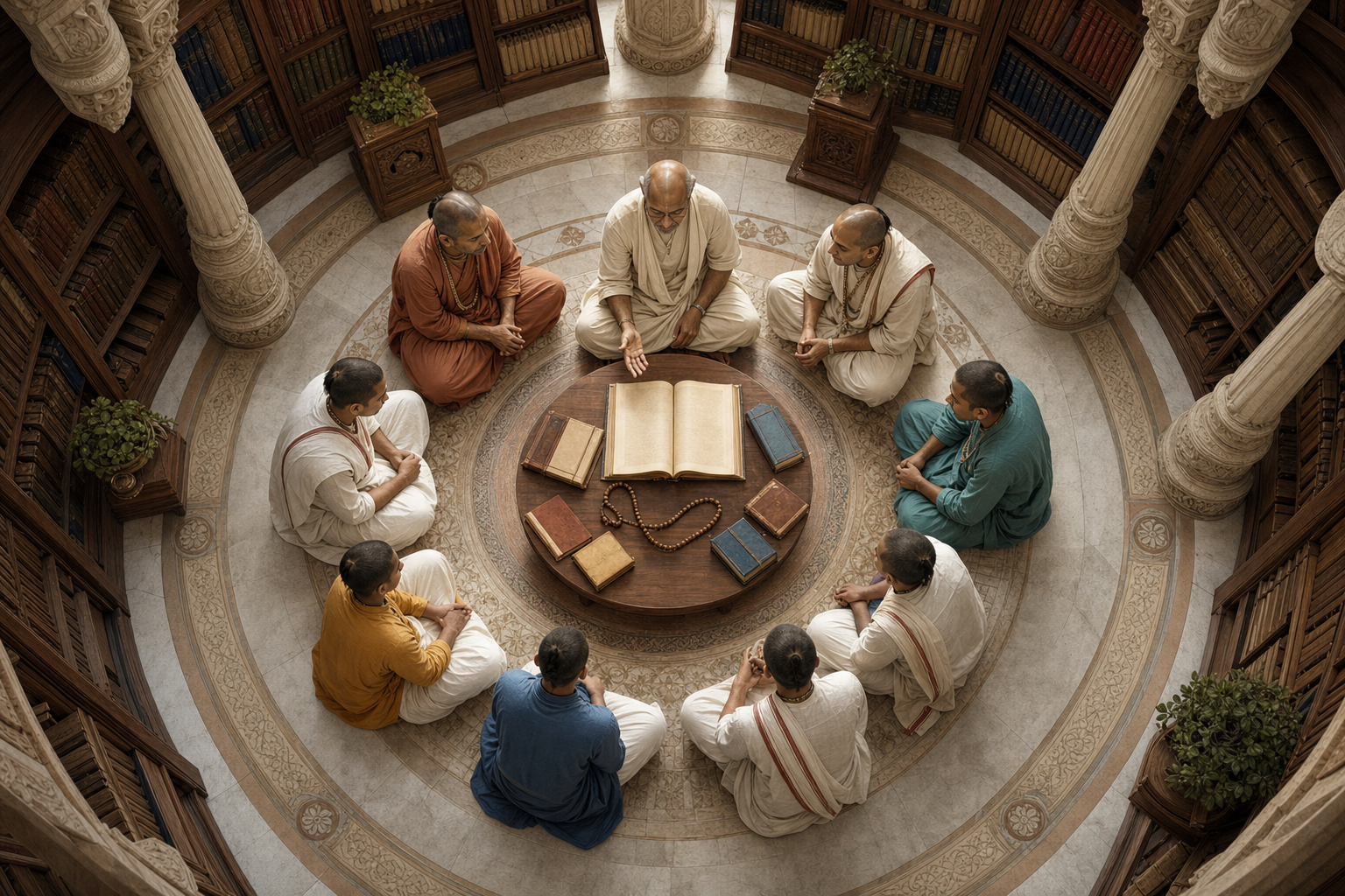 An overhead view shows a sacred book at the center of concentric circles of study objects, teachers, mentors, and students in a temple library.