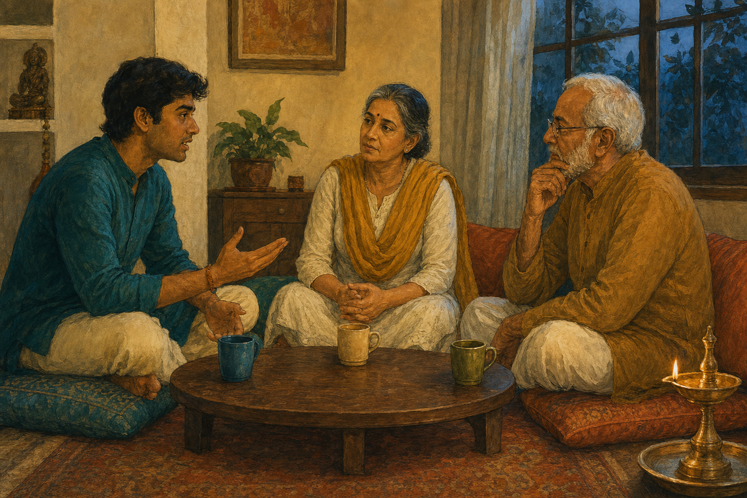 Three family members with differing expressions sit in conversation around a low table beside a small brass oil lamp.