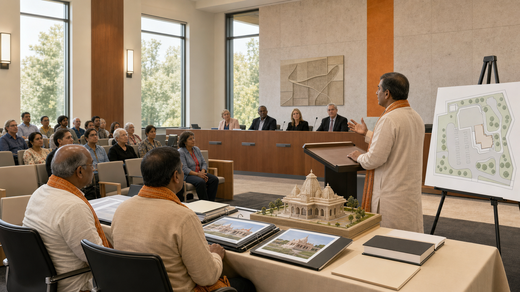 Hindu temple representatives present an architectural model and an unlabeled site plan during a municipal planning hearing attended by officials and neighbors.
