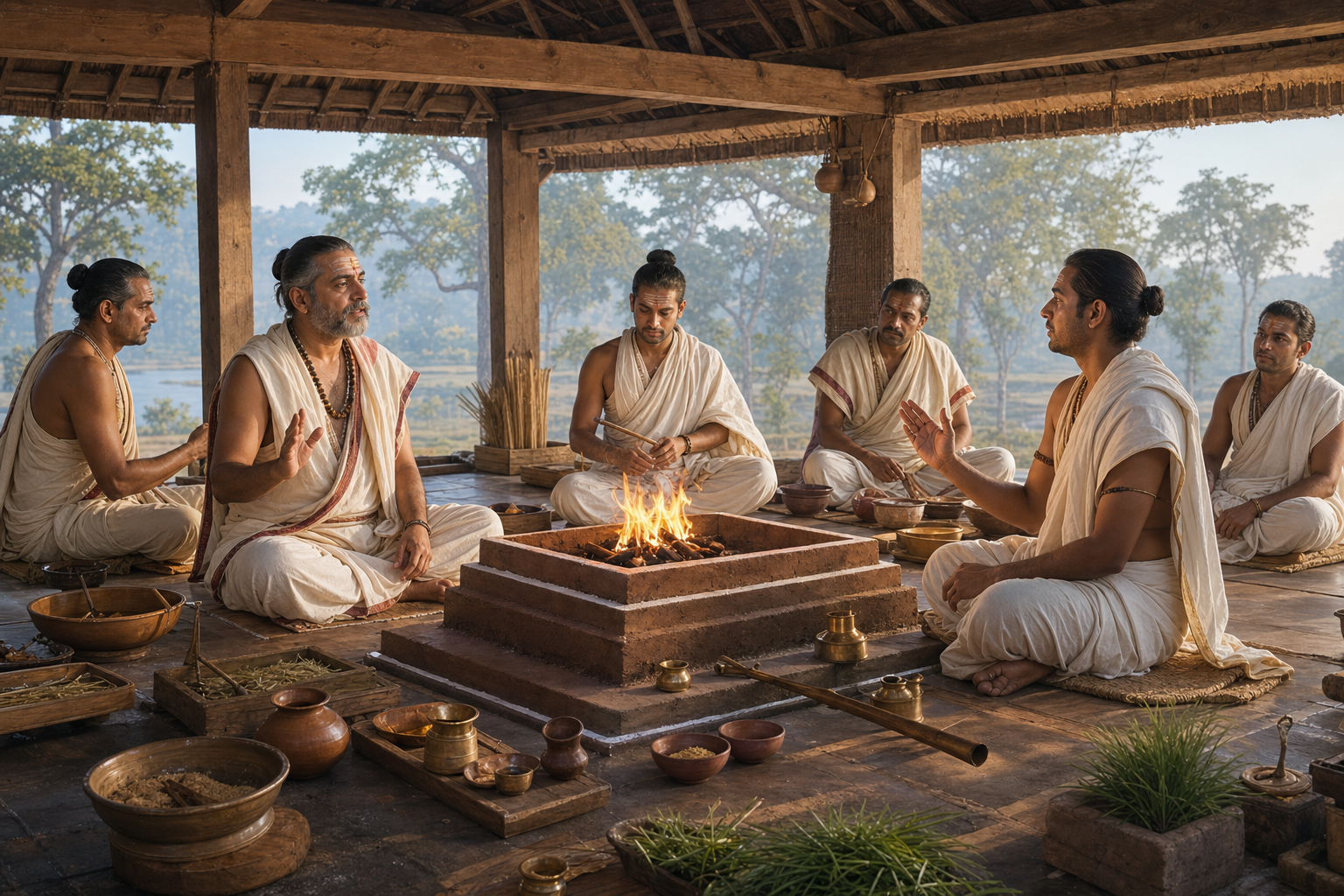 Two designated priests exchange a brief ritual cue and reply beside a Vedic fire altar while other officiants wait with offering implements.