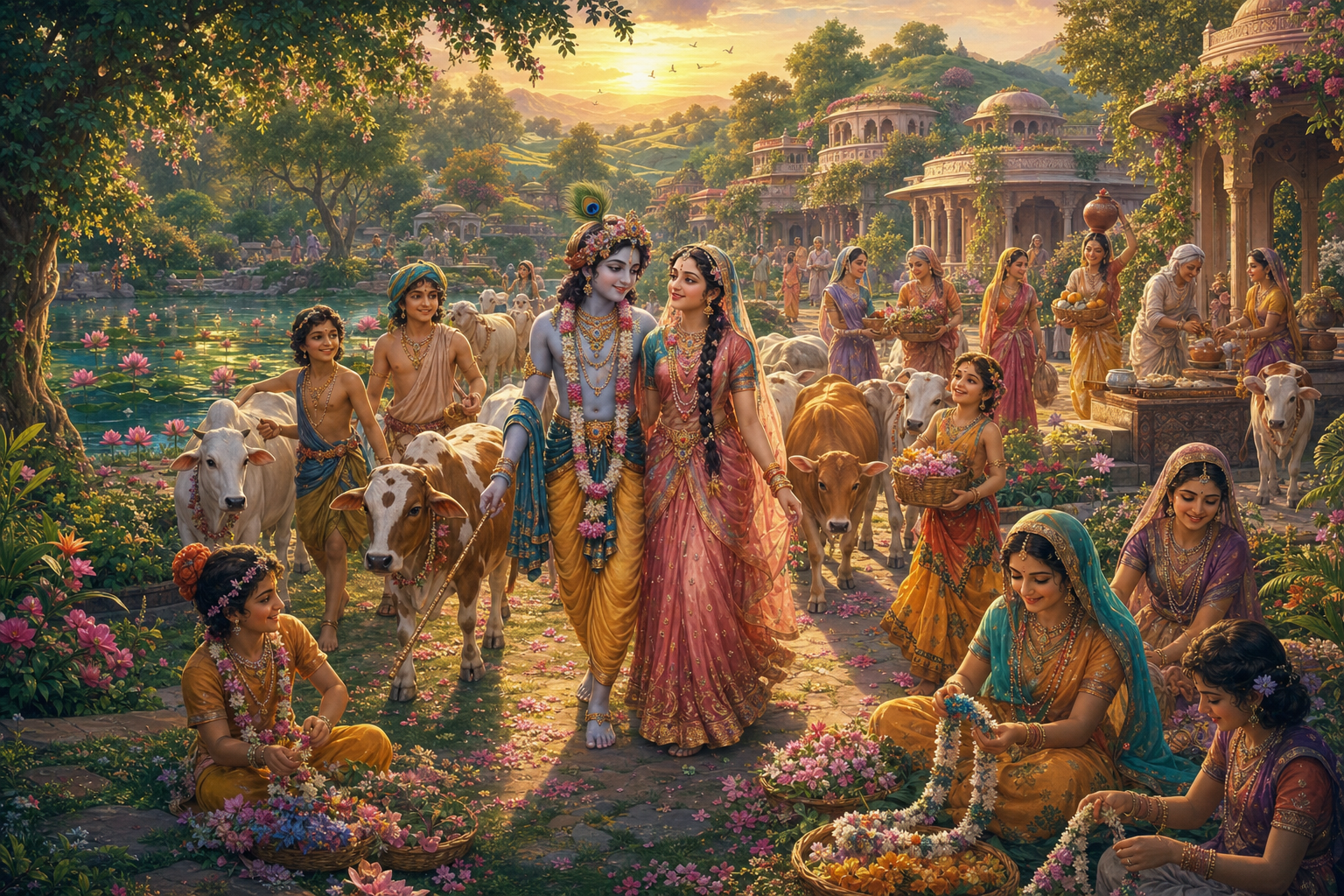Radha and Krishna walk through a radiant pastoral village where companions tend cows, gather flowers, carry food and prepare a courtyard.