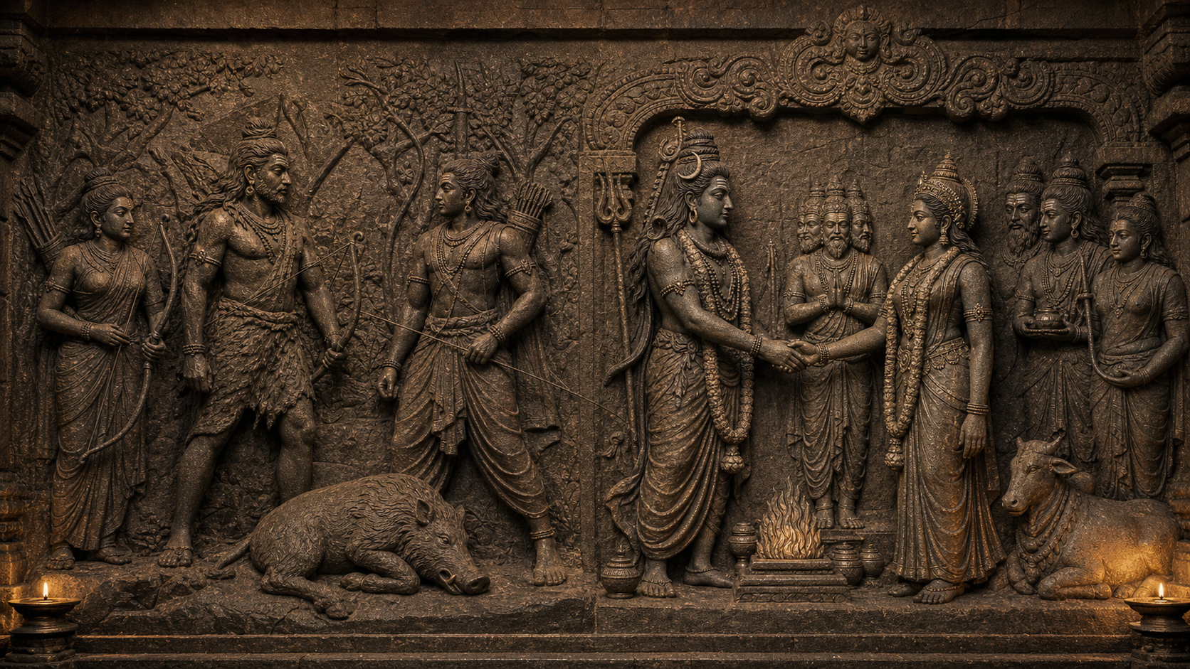 Granite temple relief juxtaposing Shiva as the bow-carrying hunter before Arjuna with the wedding of Shiva and Parvati centered on their joined hands.