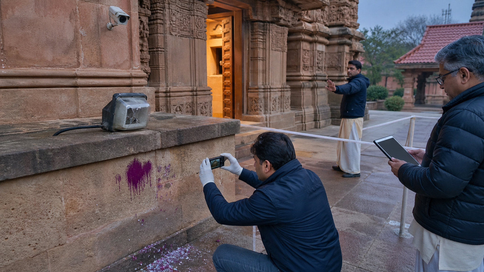 A responder and temple volunteers photograph paint damage and a broken light while keeping people away from the protected area outside a mandir.
