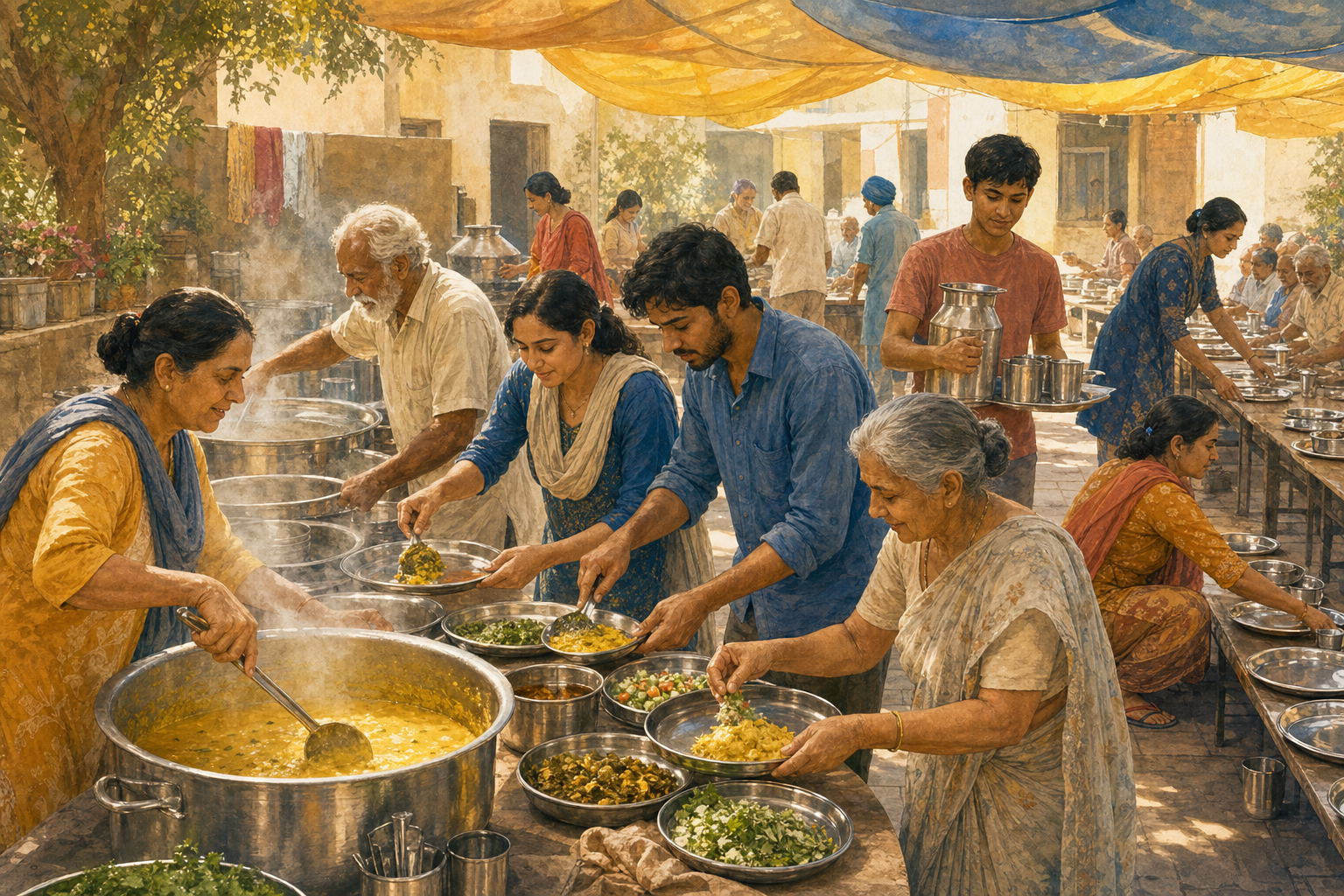 People of several generations prepare food, fill plates, carry water, and arrange tables together in a community kitchen courtyard.