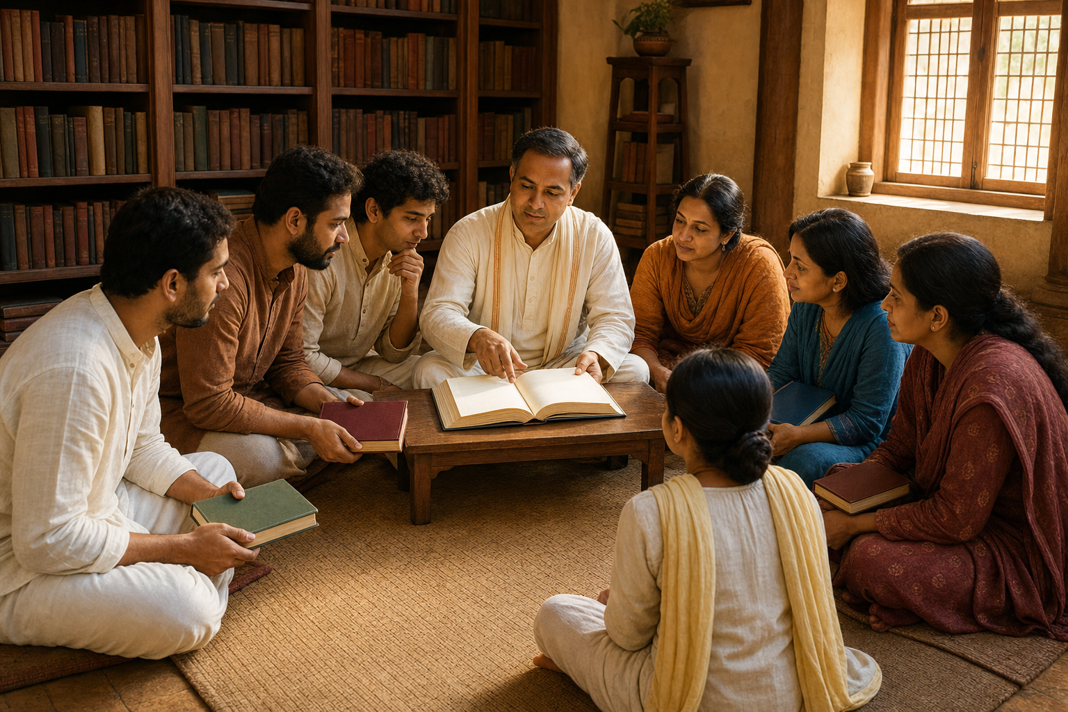 Two groups of devotees gather around a facilitator and a shared sacred book at a temple library table.