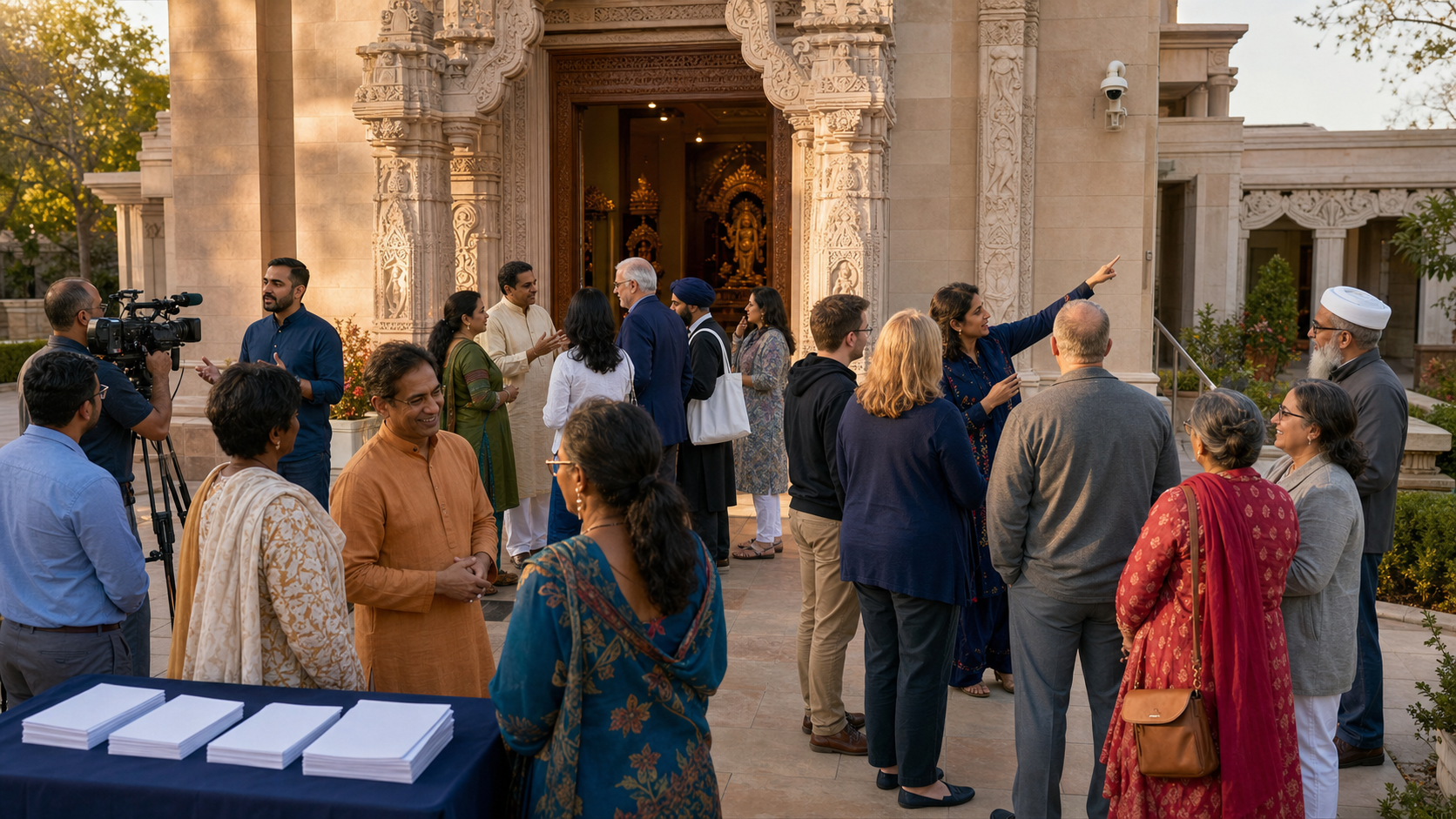 Temple volunteers host neighbors, faith leaders, civic staff, and journalists in a Hindu mandir courtyard while showing the entrance and security improvements.