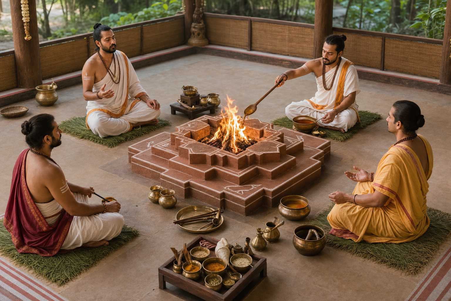 Four Vedic priests occupy distinct stations around a fire altar, with one reciting, one handling offerings, one observing, and one ready to respond.