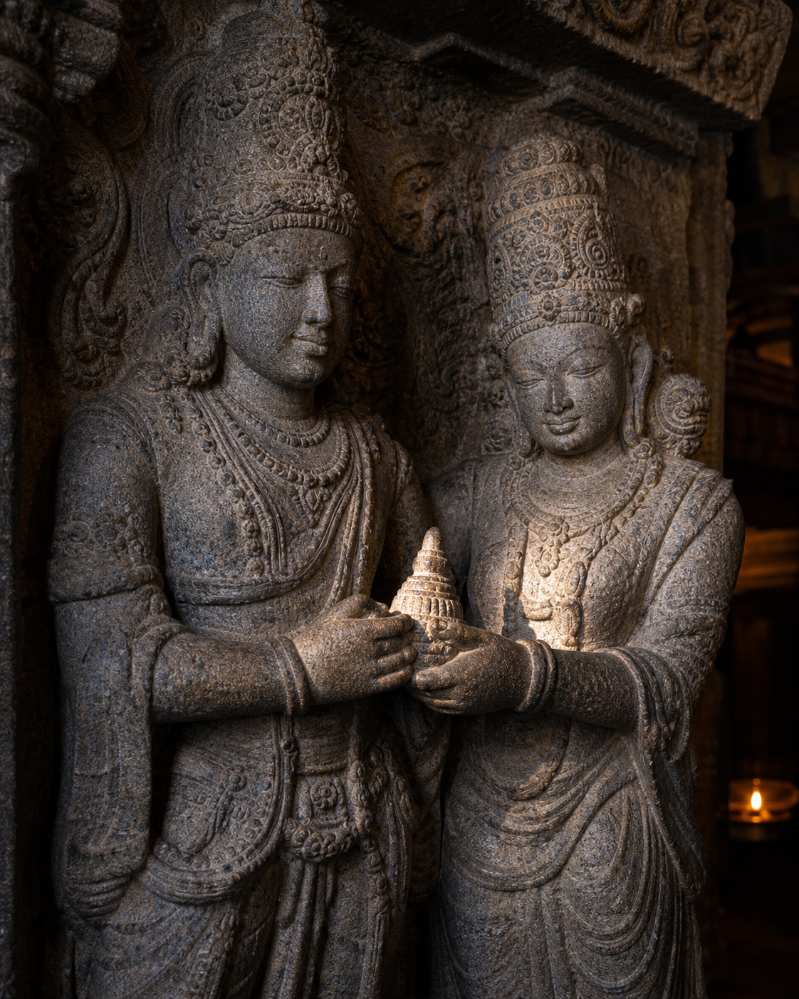Close view of a weathered granite temple relief with the figures' central hand gesture illuminated more clearly than the surrounding ornaments.