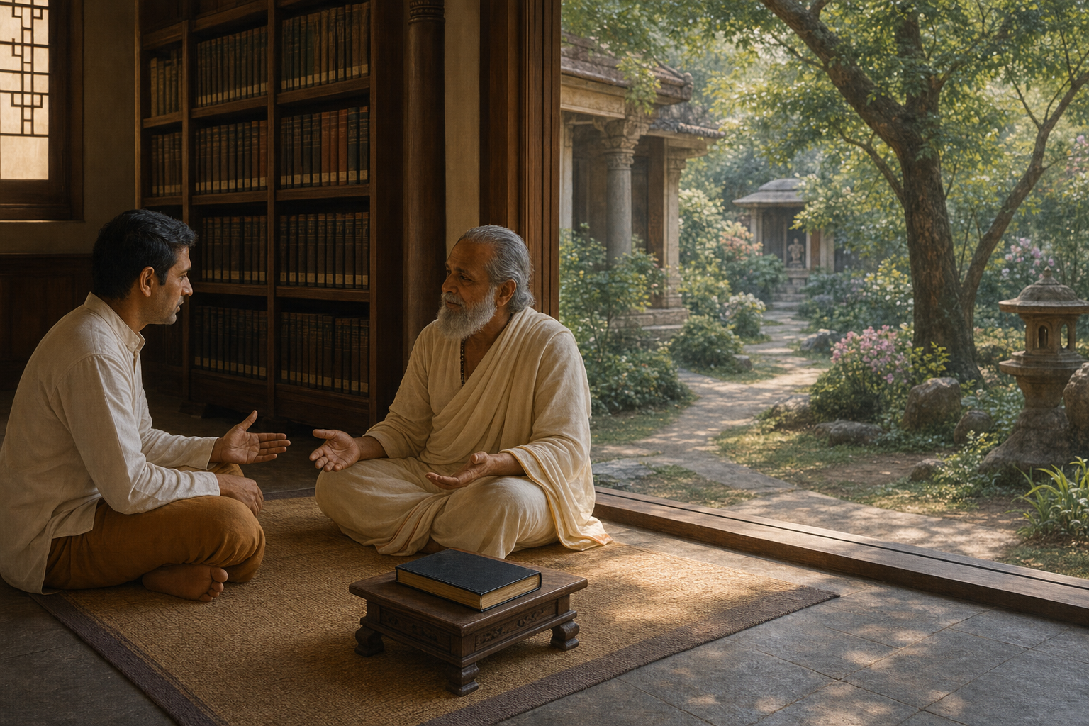 A teacher listens to a devotee at the threshold between a temple library and a garden, with a closed sacred book nearby.