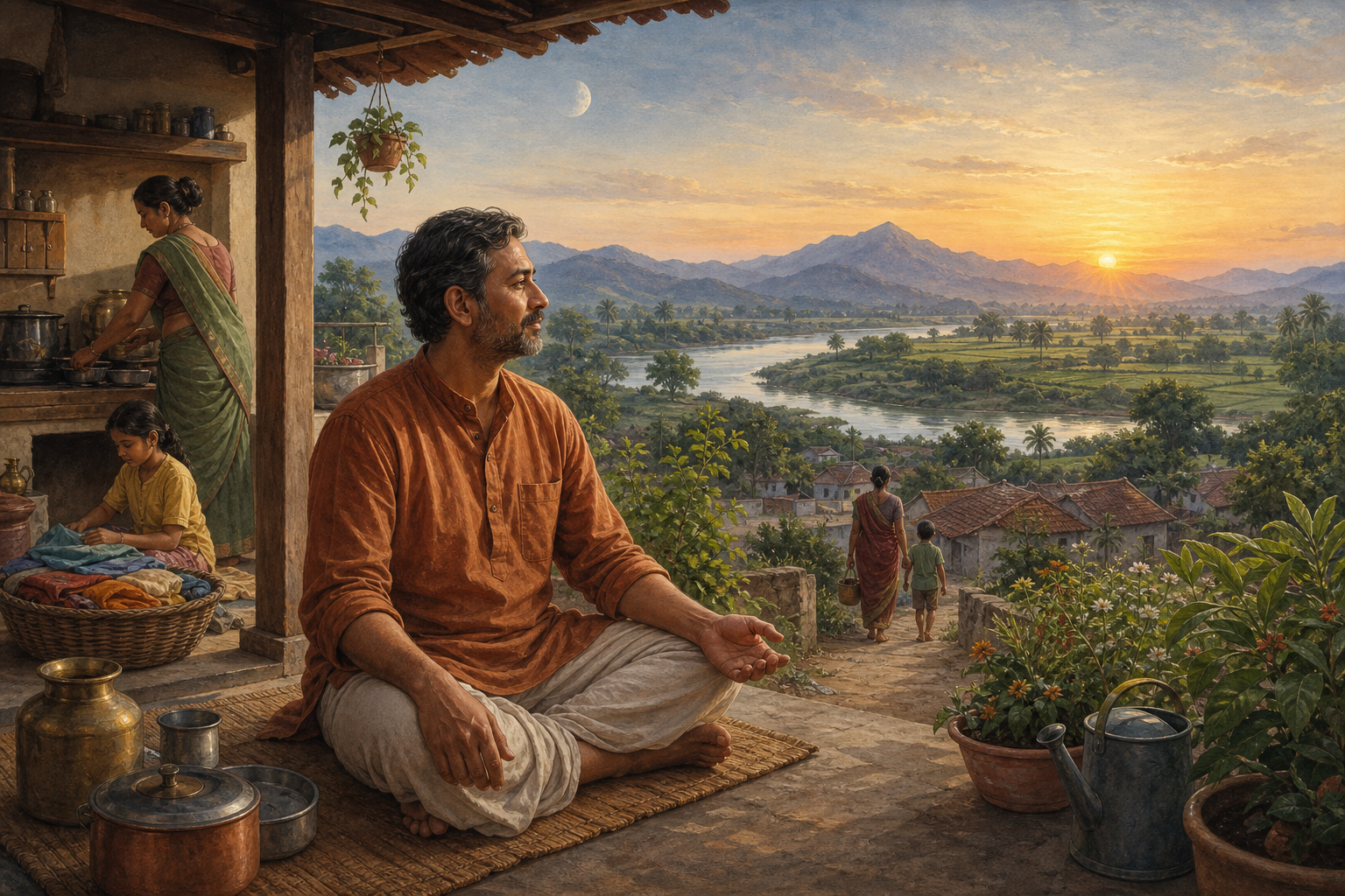A person sits calmly on a veranda at dawn while family objects, a garden, fields, a river, mountains, and the fading moon surround the home.
