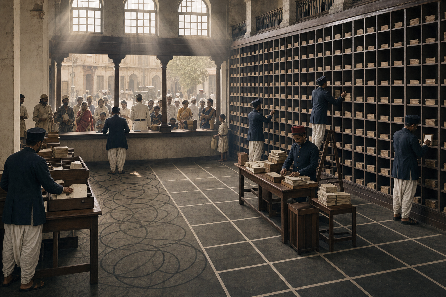 Colonial clerks sort community records into rigid filing compartments while diverse people wait beyond the office counter.