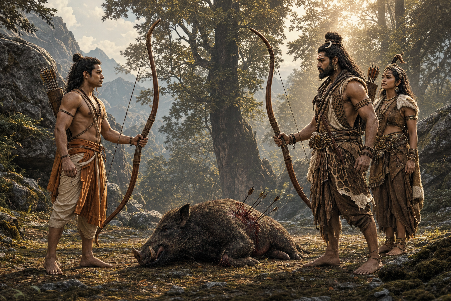 Shiva disguised as a hunter confronts the bow-carrying Arjuna over a fallen wild boar while Parvati watches in a forest clearing.
