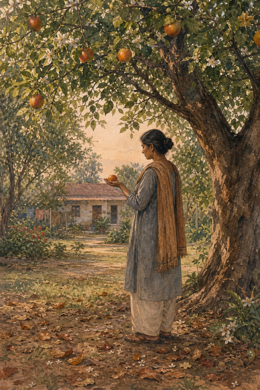 A person holds a ripe fruit in an open palm beneath a tree bearing blossoms, green leaves, fruit, and fallen leaves.